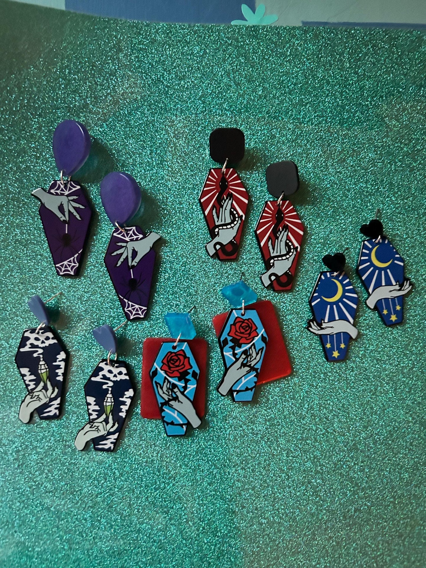 Tarot Style Coffin Shaped Earrings | Blue, Red, Purple or Grey | You Choose Style