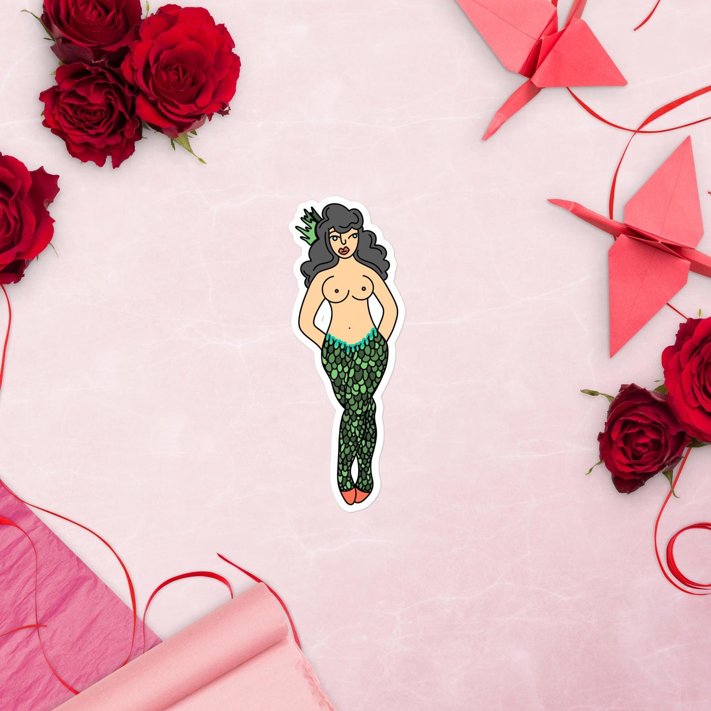 Walking Pin Up Mermaid Sticker | hand drawn, glossy, holographic