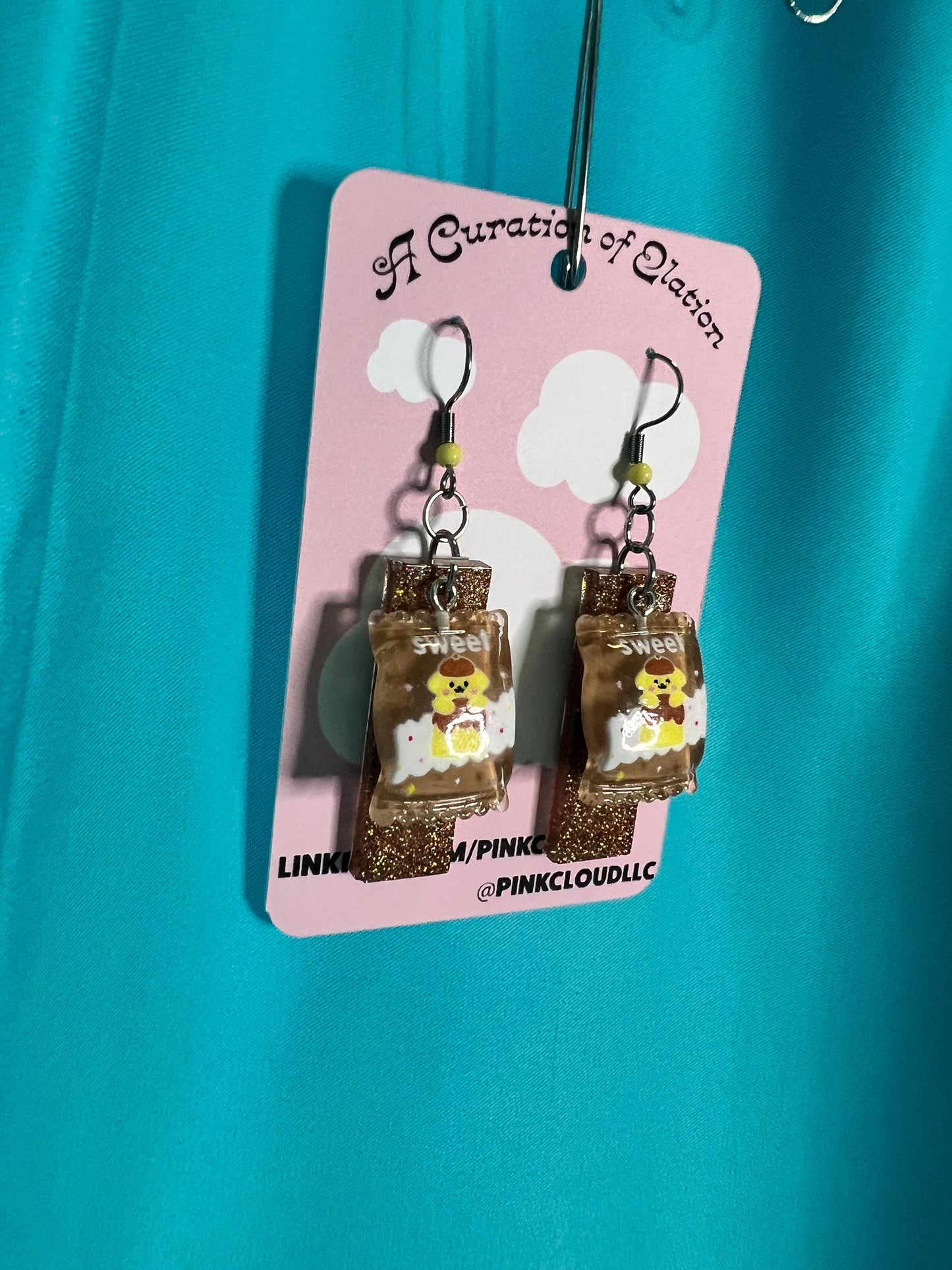 Handmade Long Dangle Earrings large glitter rectangle gold and yellow honney hunny honey pot resin charm