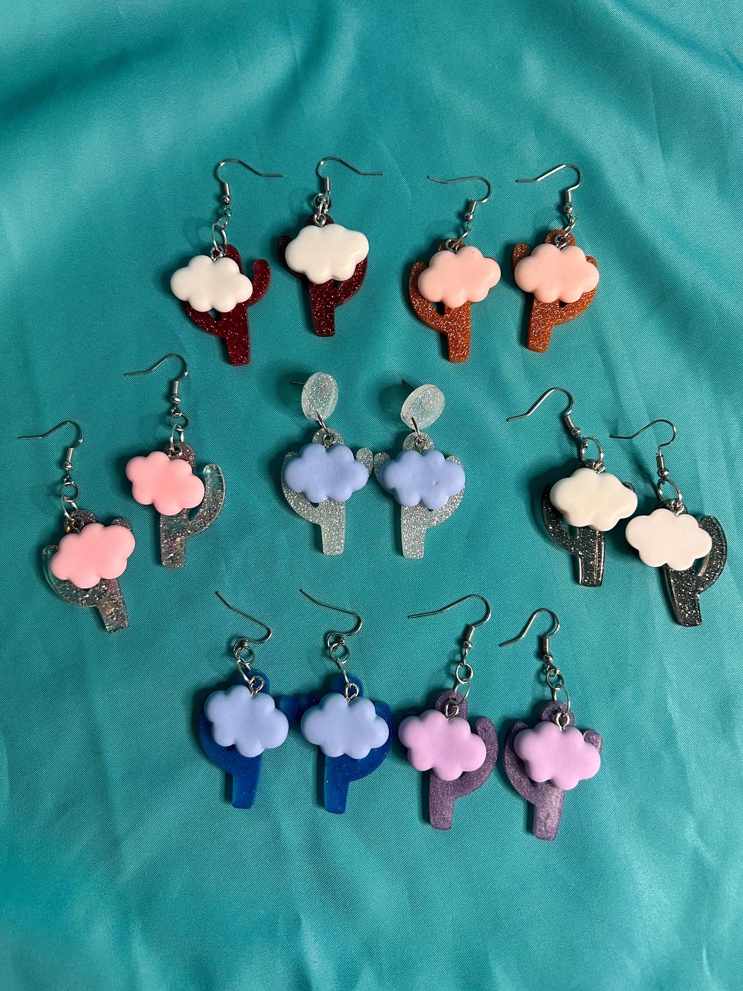 Saguaro Cactus and Cloud Earrings | Blue, Silver and Pink, Pink and Orange