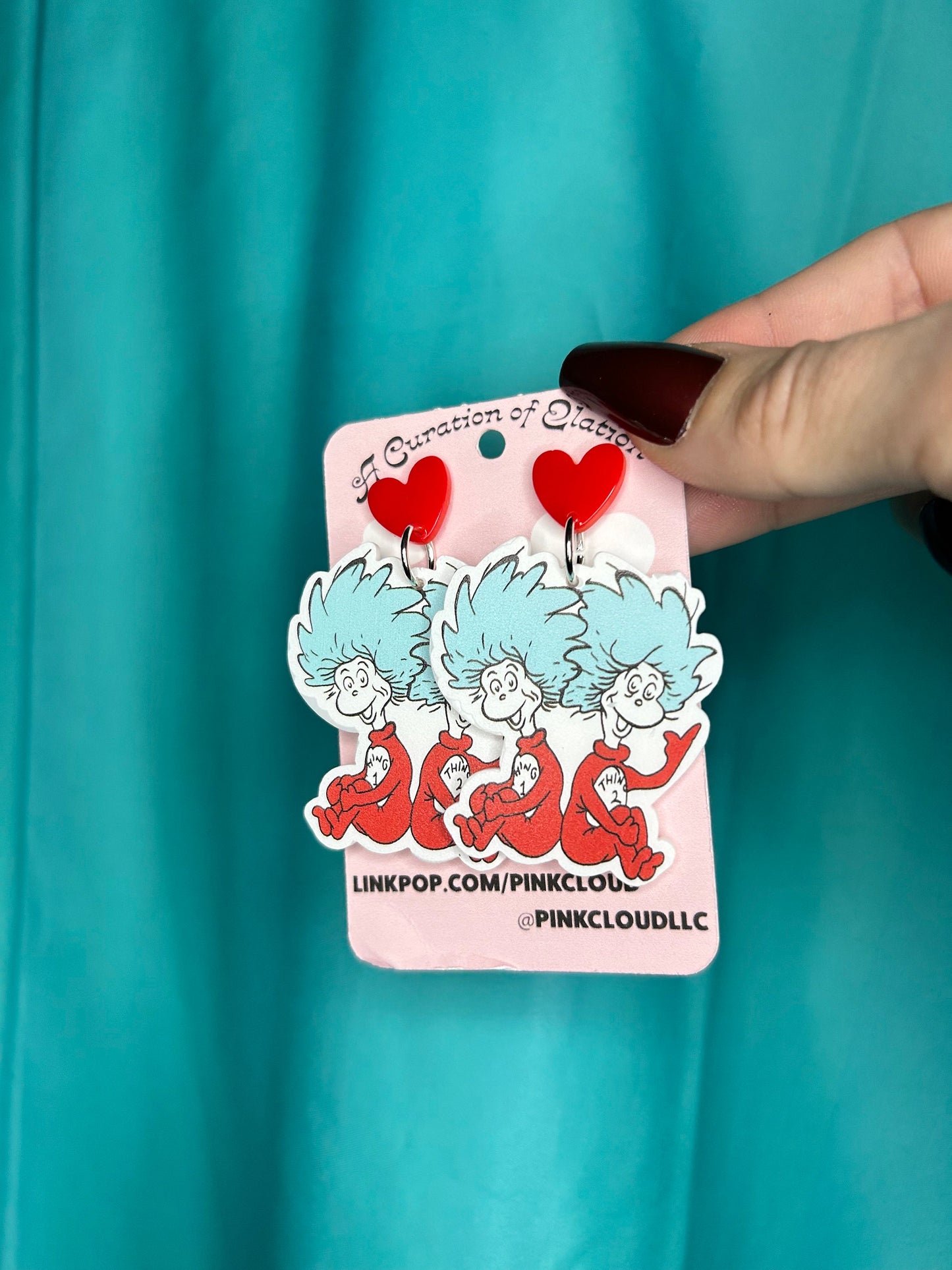 Thing 1 and 2 Dr Seuss acrylic statement Handmade Long Dangle Earrings red white and blue with red heart silver push back earrings