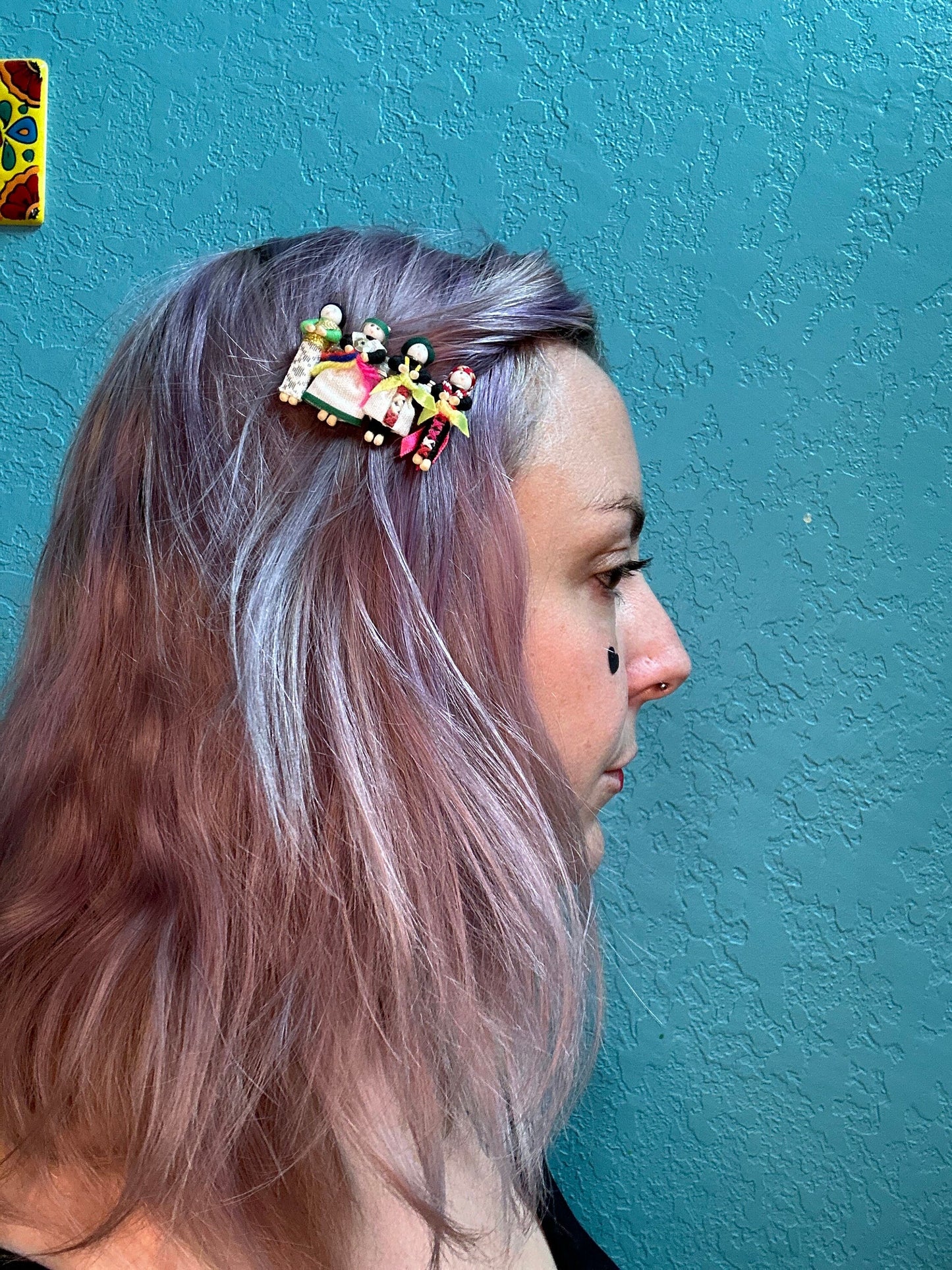 Hand made hair clips with little indigenous people with cloth clothing tiny child novelty hair clip vintage