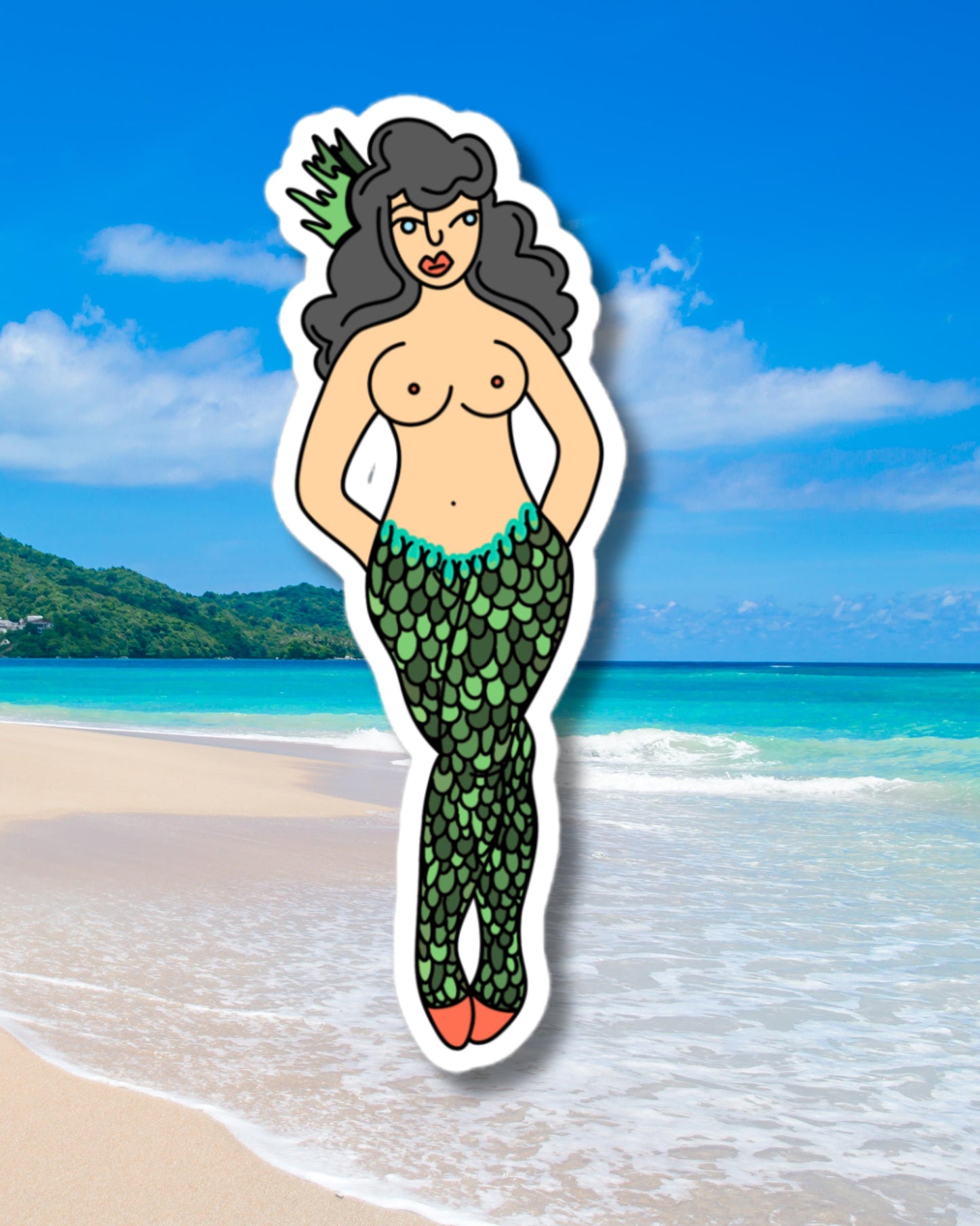 Walking Pin Up Mermaid Sticker | hand drawn, glossy, holographic