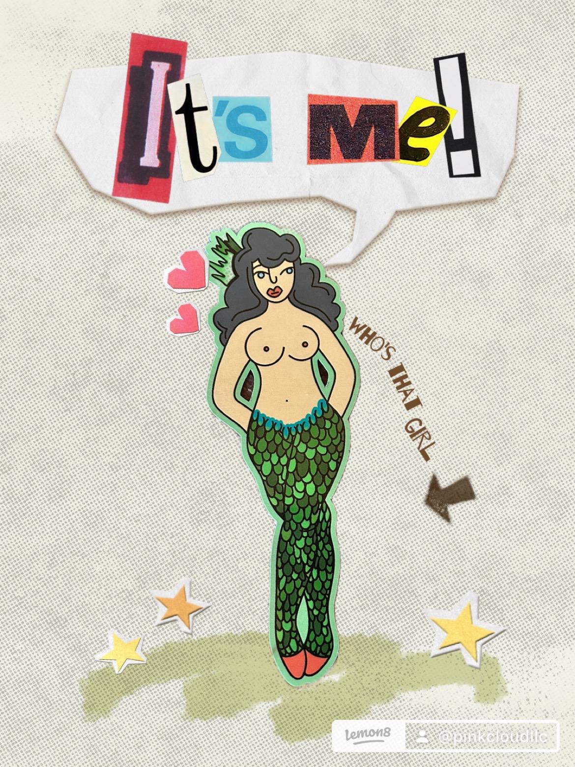 Walking Pin Up Mermaid Sticker | hand drawn, glossy, holographic