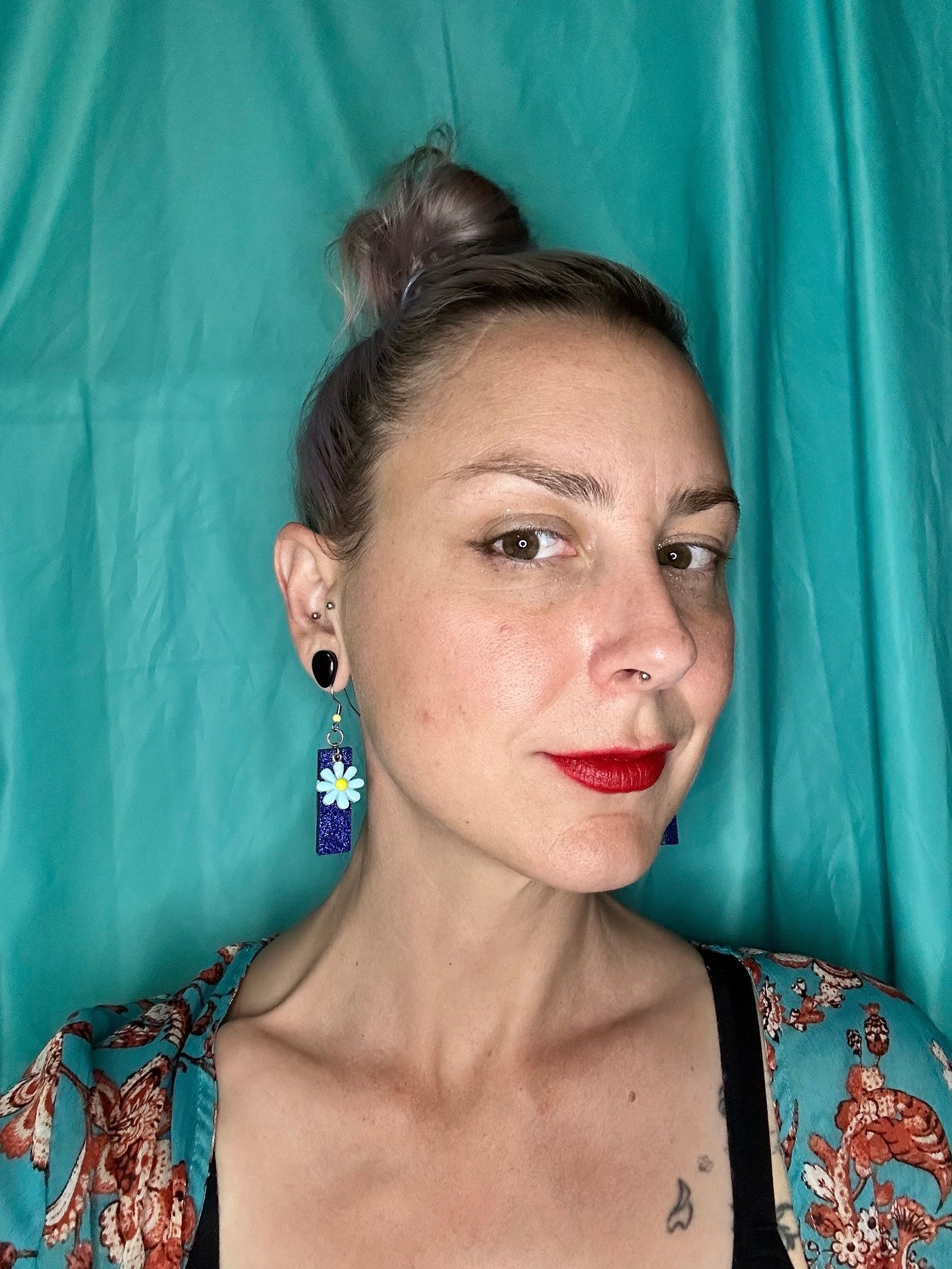 Medium Sized Rectangle Earrings | Flower Charms in Different Colors