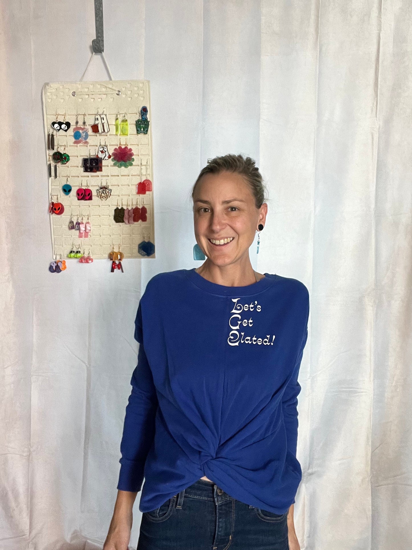 Let’s get elated blue and white Upcycled twist crop sweater Long Sleeve Crop Top Size Small
