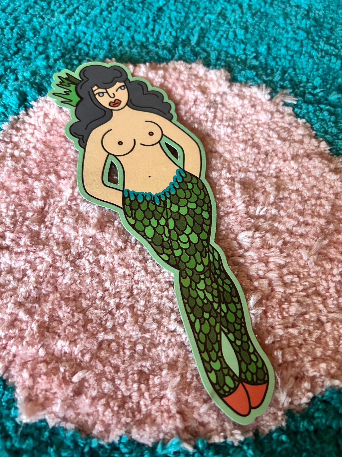 Walking Pin Up Mermaid Sticker | hand drawn, glossy, holographic