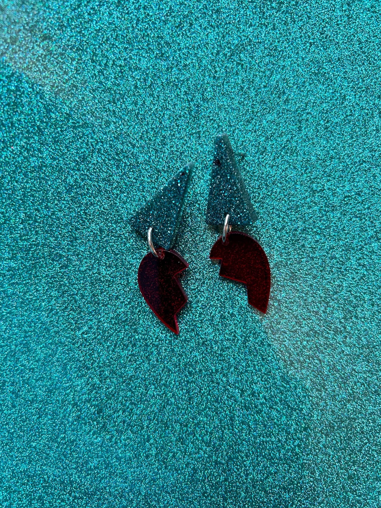 Handmade Glitter Broken Heart Dangle Earrings: Turquoise & Red