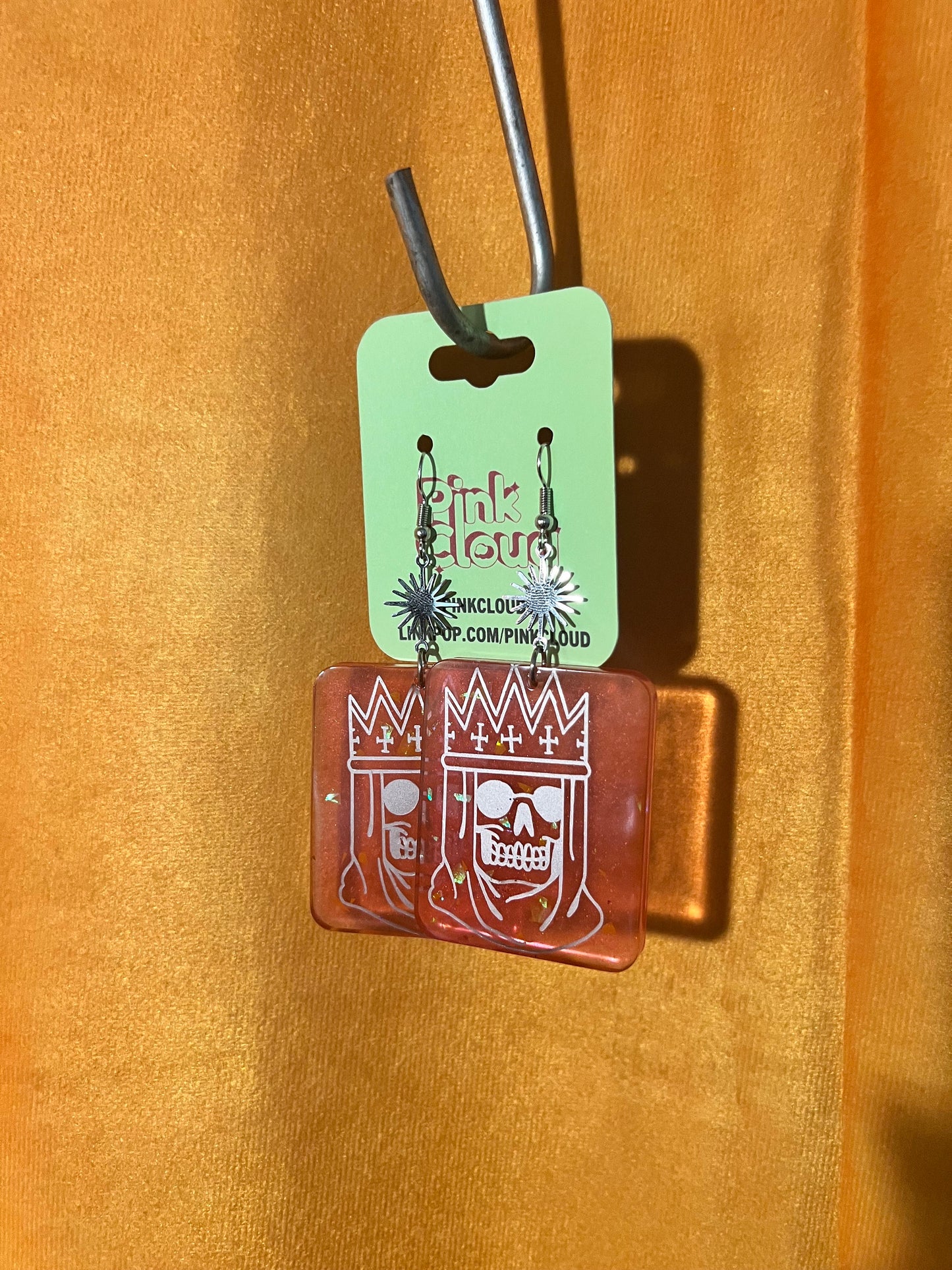 Handmade Long Dangle Earrings red and orange glitter rectangle with silver royal skull decal