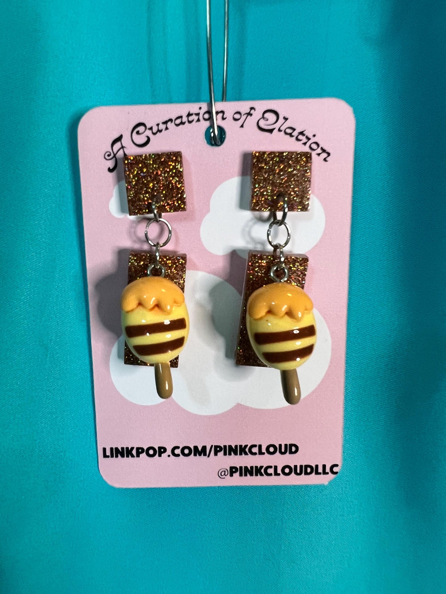 Handmade Long Dangle Earrings large glitter rectangle gold and yellow honney hunny honey pot resin charm