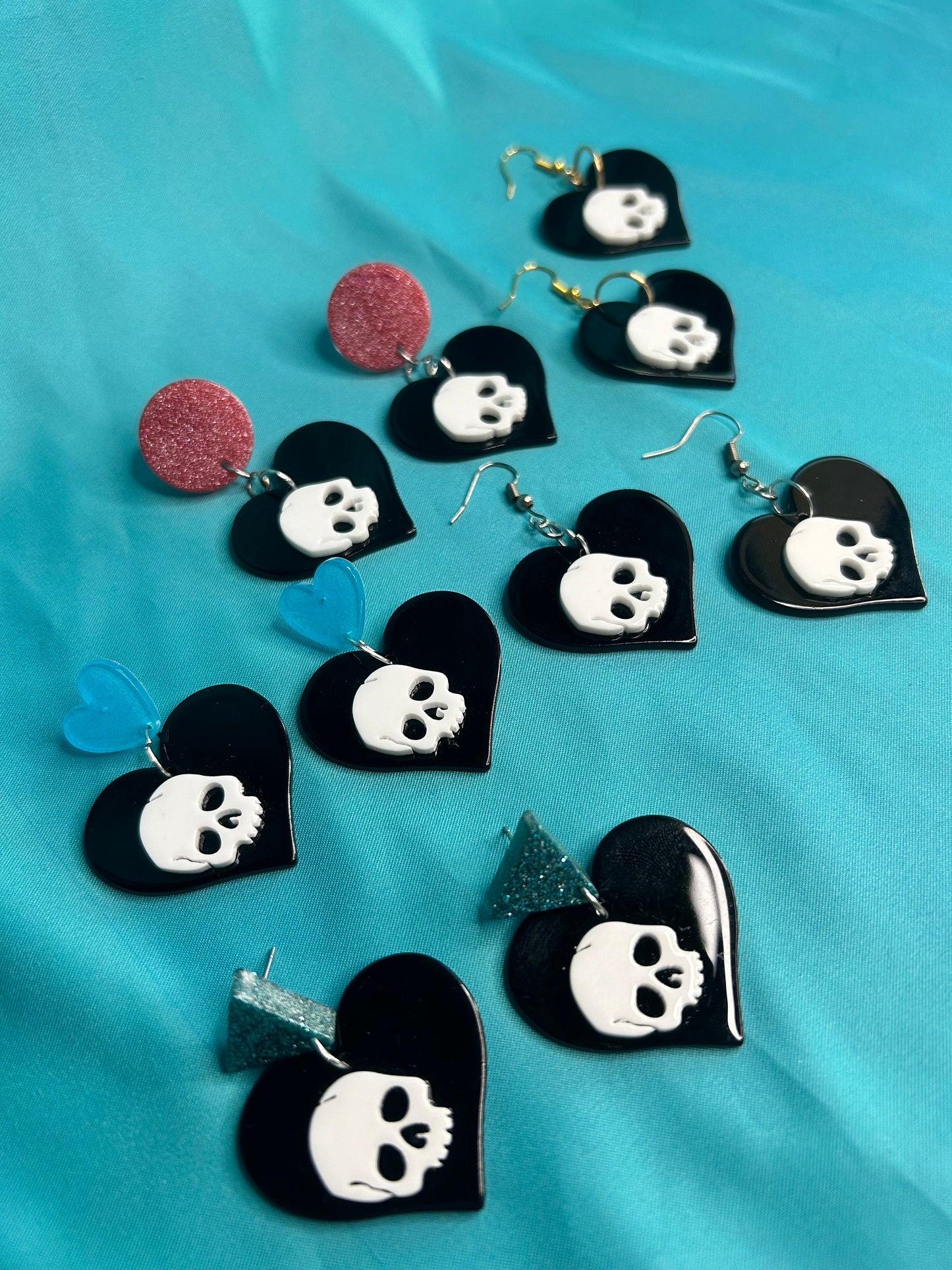 Skull on Heart Earrings | Choose Your Style | Blue Hearts, Pink Circles, Blue Triangles, Silver or Gold Hooks