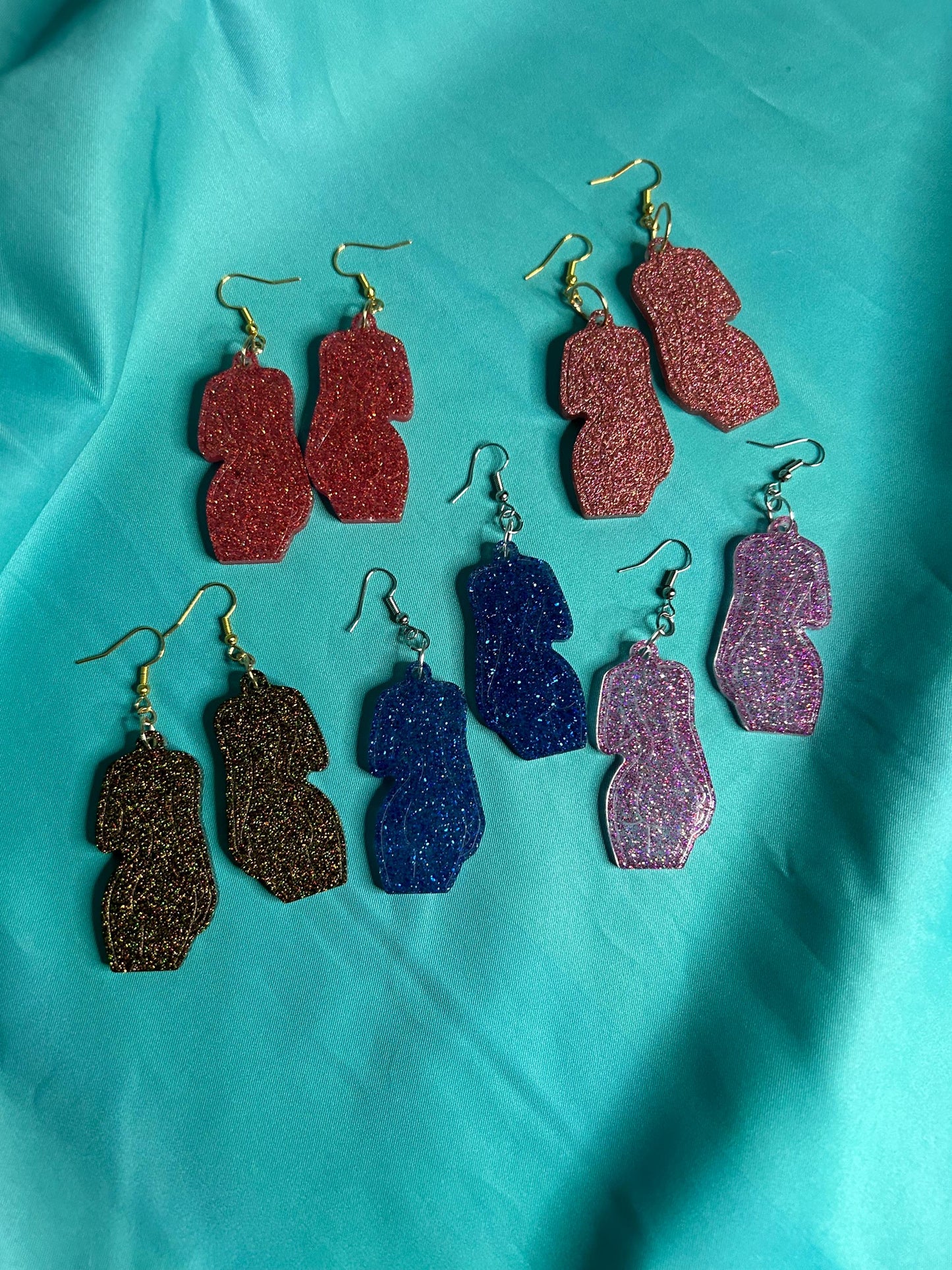 The Body Beautiful Earrings | peach, blue, purple, olive | holographic glitter curvy female body in resin with silver hooks