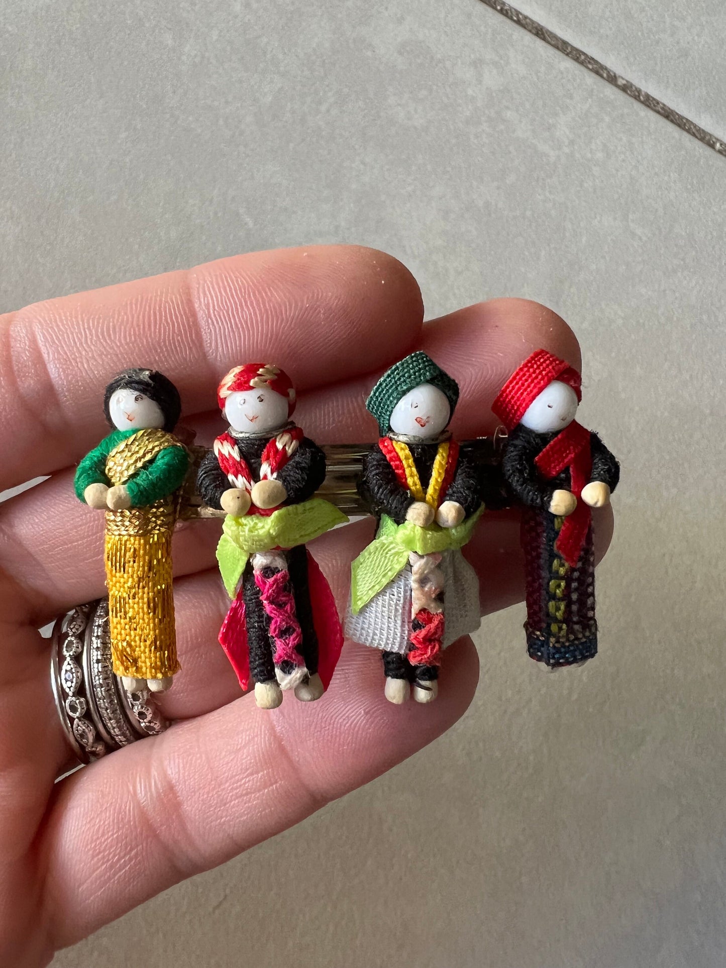 Hand made hair clips with little indigenous people with cloth clothing tiny child novelty hair clip vintage