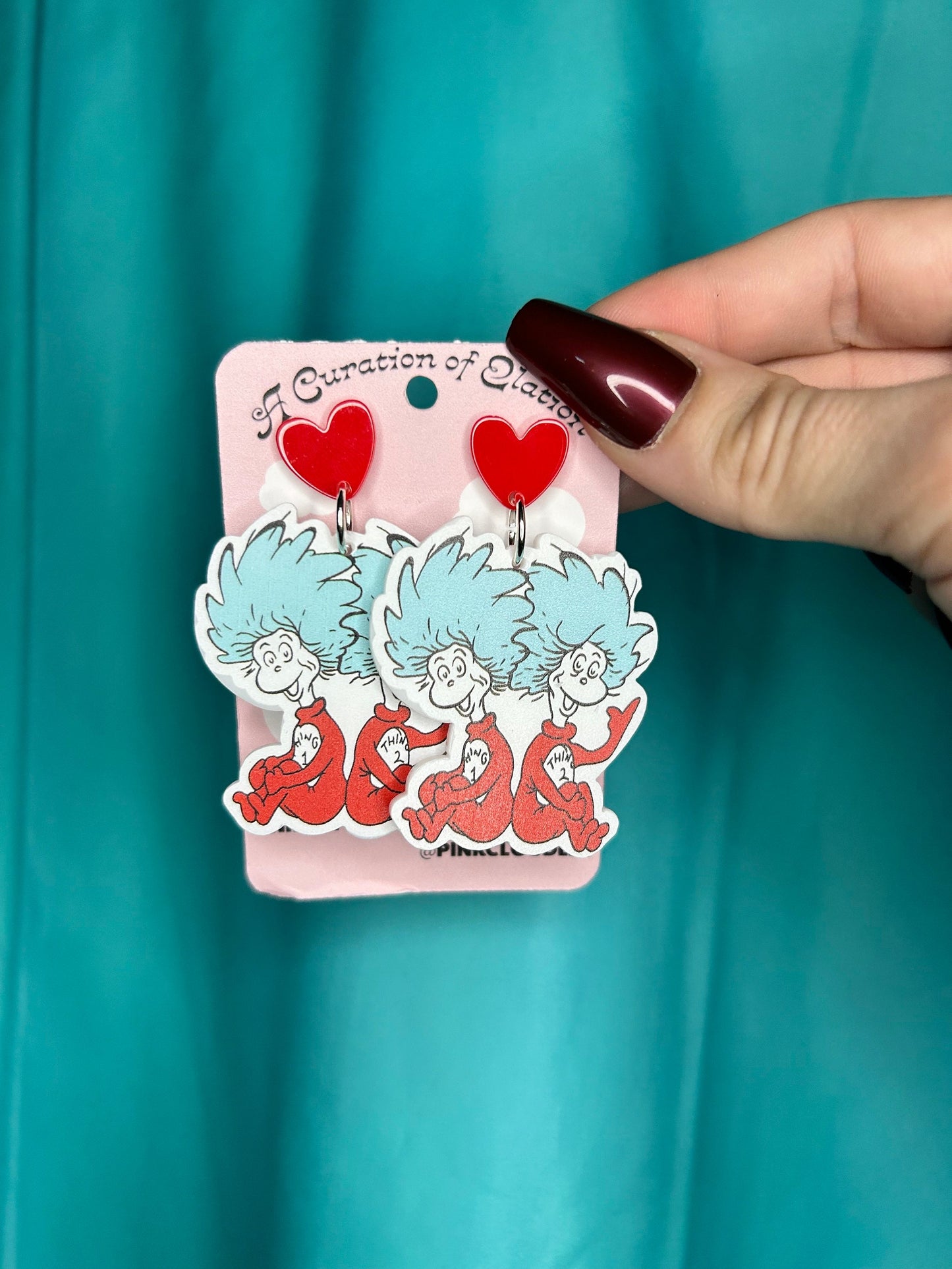 Thing 1 and 2 Dr Seuss acrylic statement Handmade Long Dangle Earrings red white and blue with red heart silver push back earrings