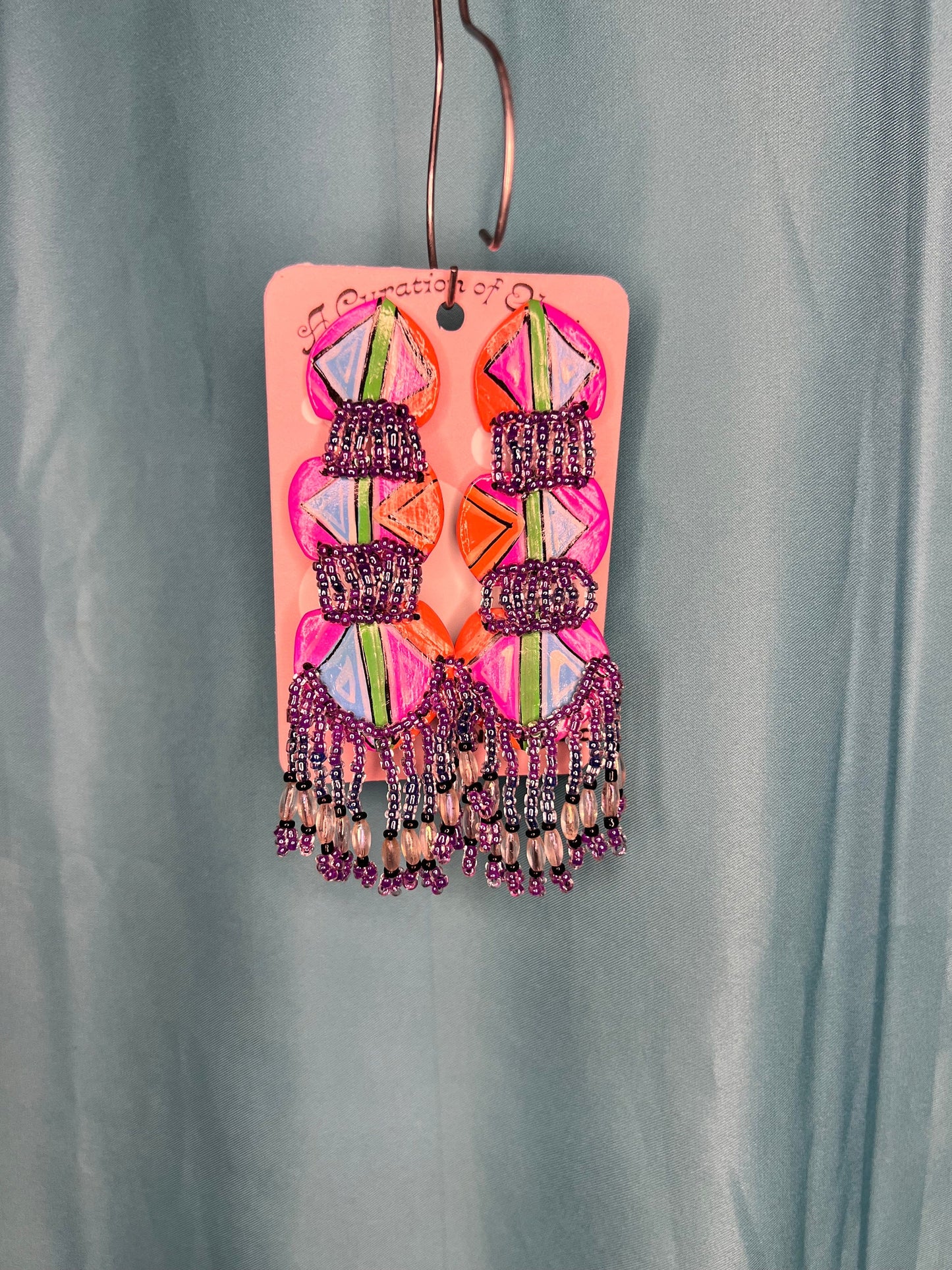 Paper and beaded purple pink orange Drop earrings silver ear push backs post handmade