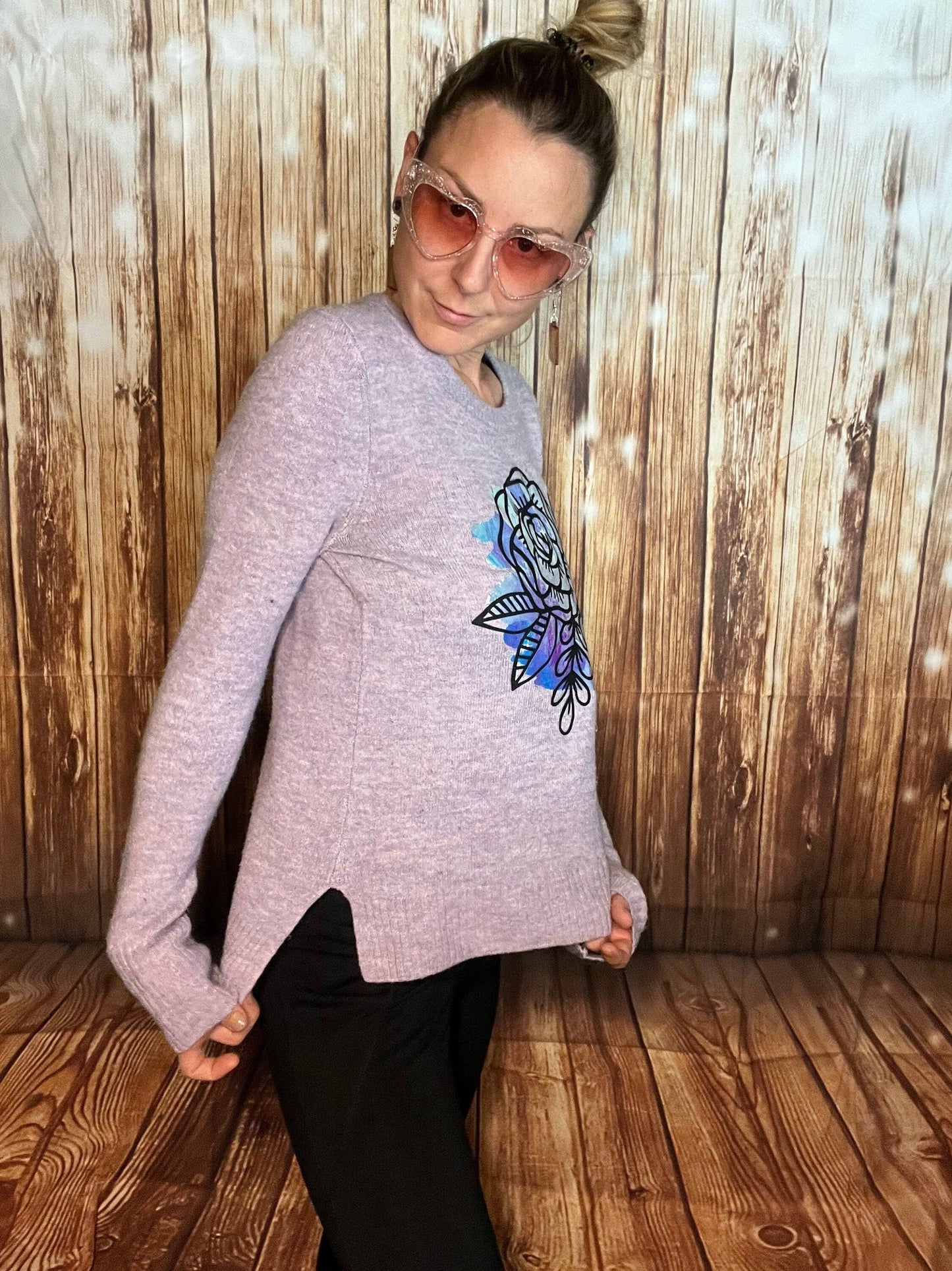 Purple Flower Holographic Sweater Upcycled Old Navy Size Small