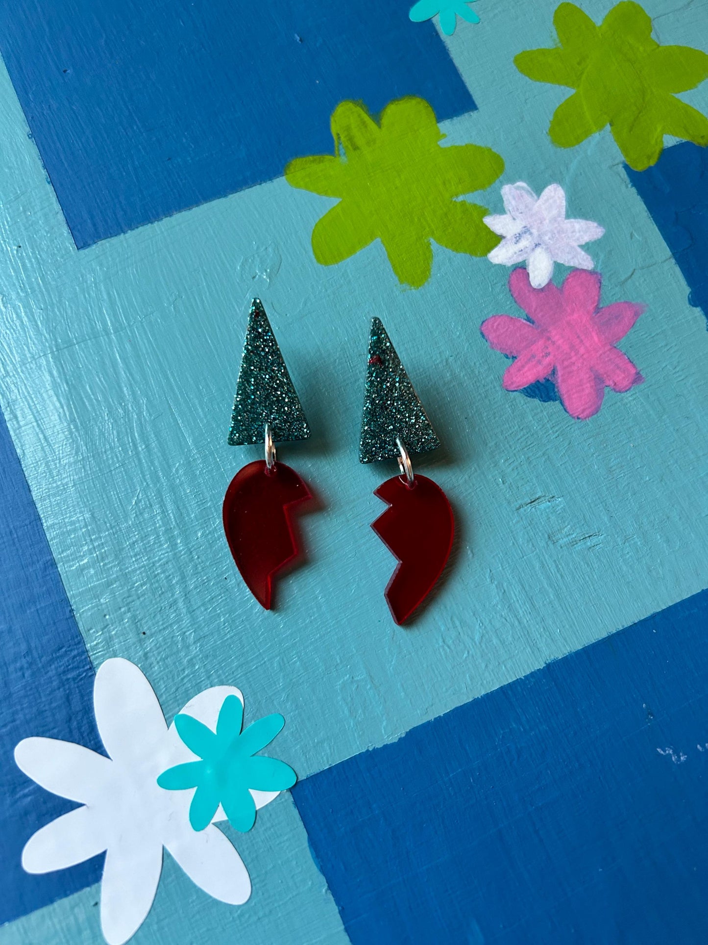 Broken Heart Earrings Below sparkle glitter turquoise colored Handmade Dangle Earrings with silver push or lever backs