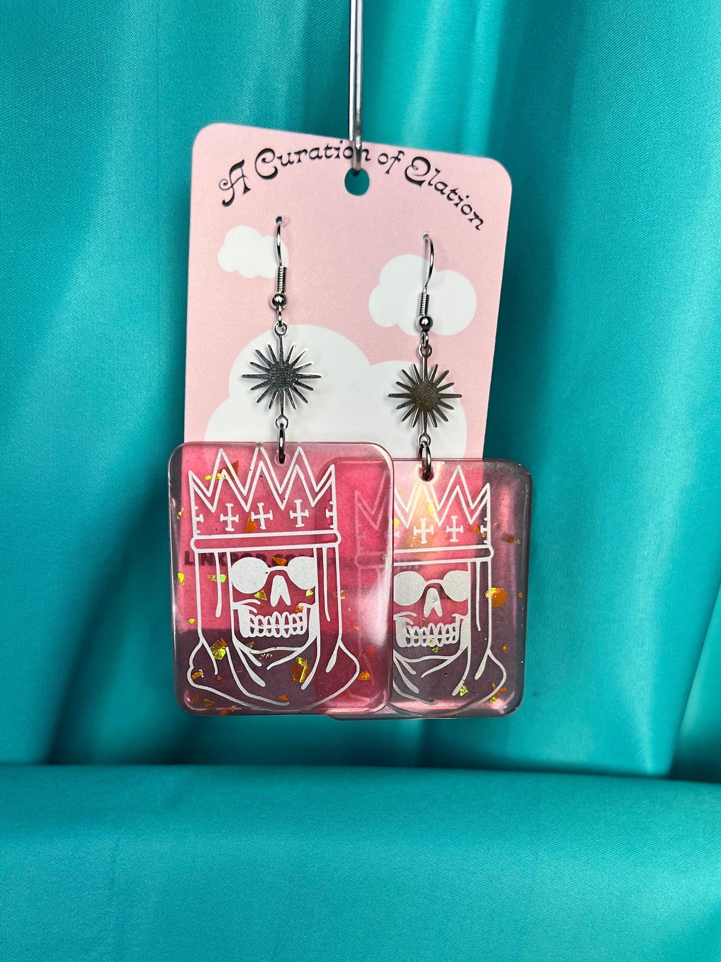 Handmade Long Dangle Earrings red and orange glitter rectangle with silver royal skull decal