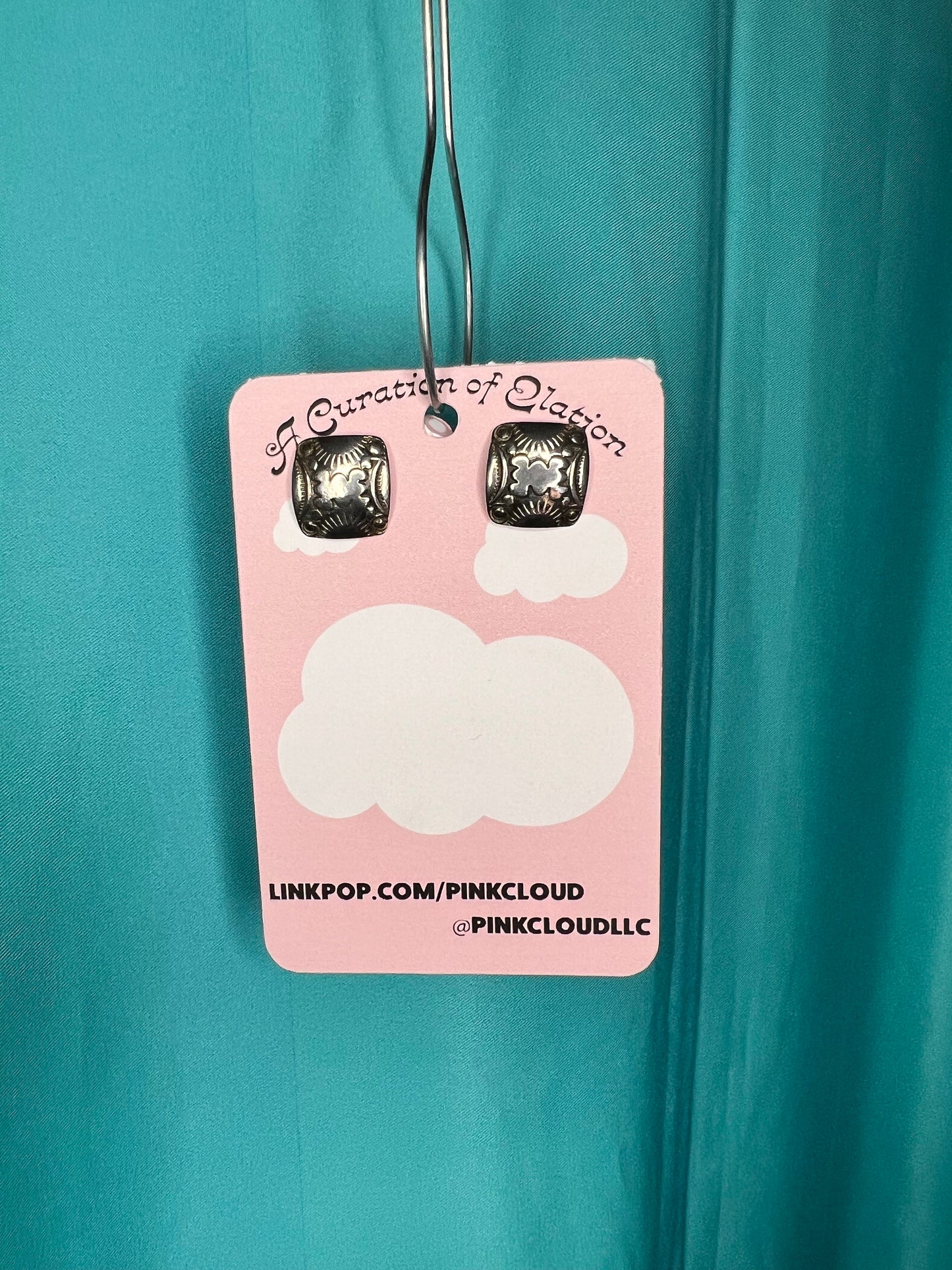 Stainless Steel Handmade Tribal Mexican square stud earrings with etched pattern