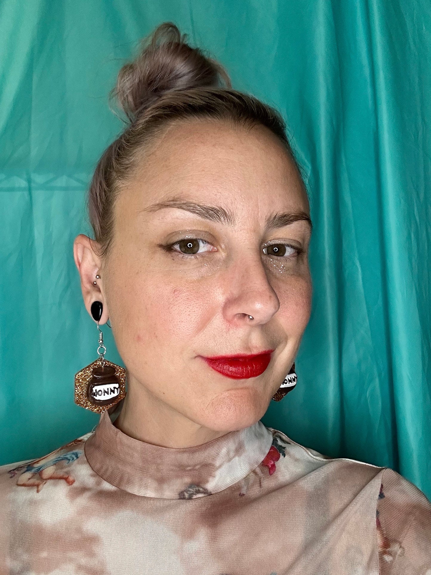 Handmade Long Dangle Earrings large glitter rectangle gold and yellow honney hunny honey pot resin charm