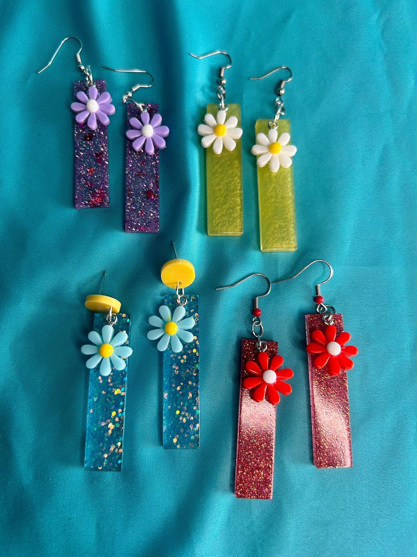 Rectangle Flower Statement Earrings | Blue Glitter and Yellow, Purple, Red