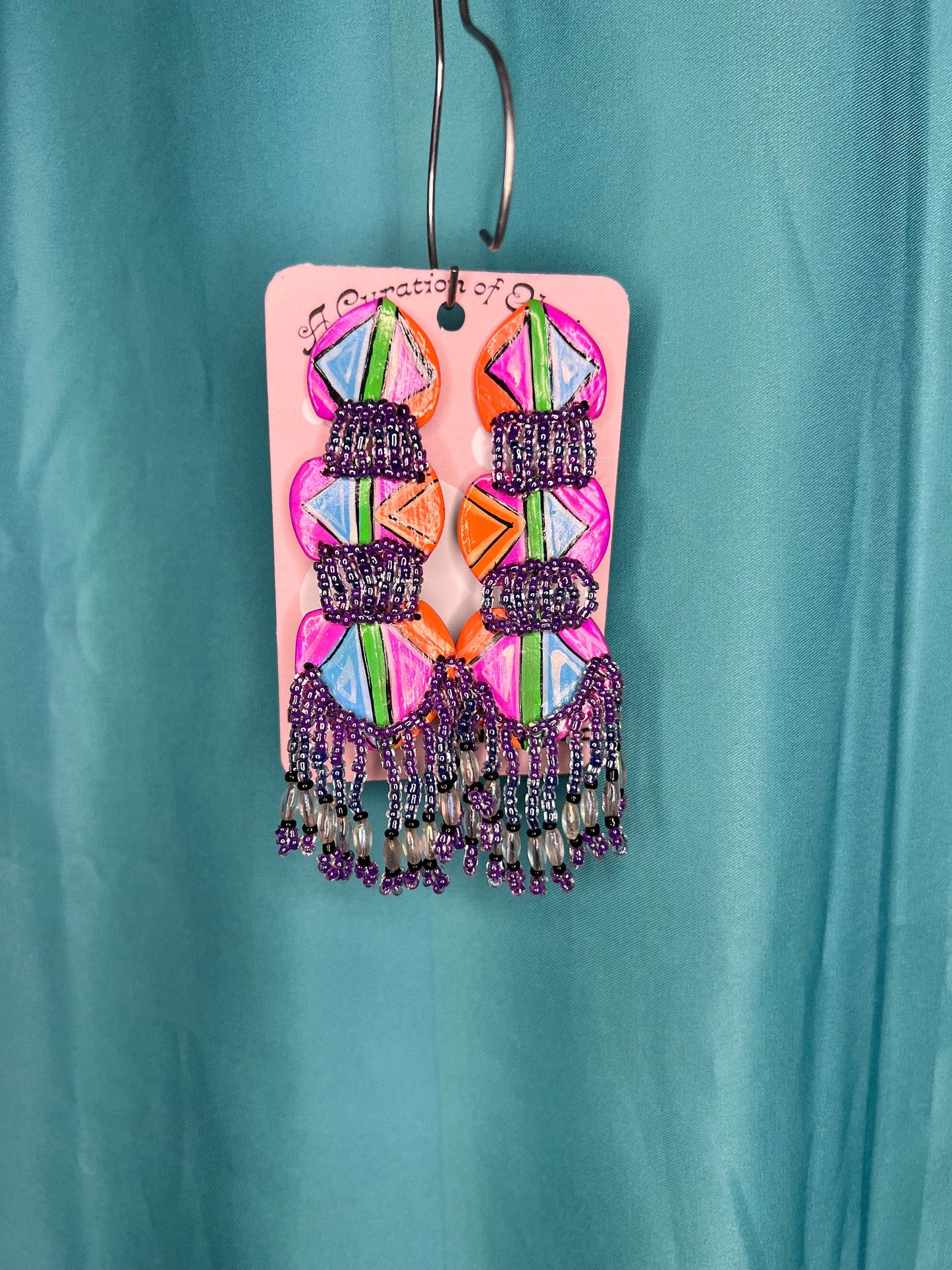 Paper and beaded purple pink orange Drop earrings silver ear push backs post handmade