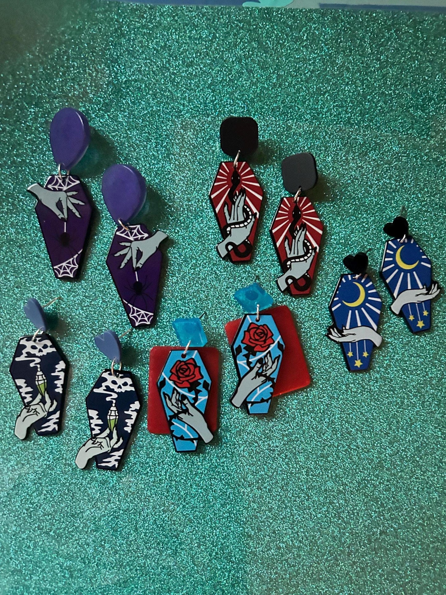 Tarot Style Coffin Shaped Earrings | Blue, Red, Purple or Grey | You Choose Style