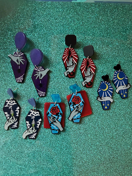 Tarot Style Coffin Shaped Earrings | Blue, Red, Purple or Grey | You Choose Style