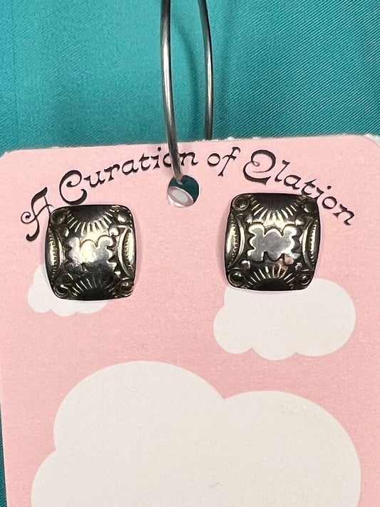 Stainless Steel Handmade Tribal Mexican square stud earrings with etched pattern