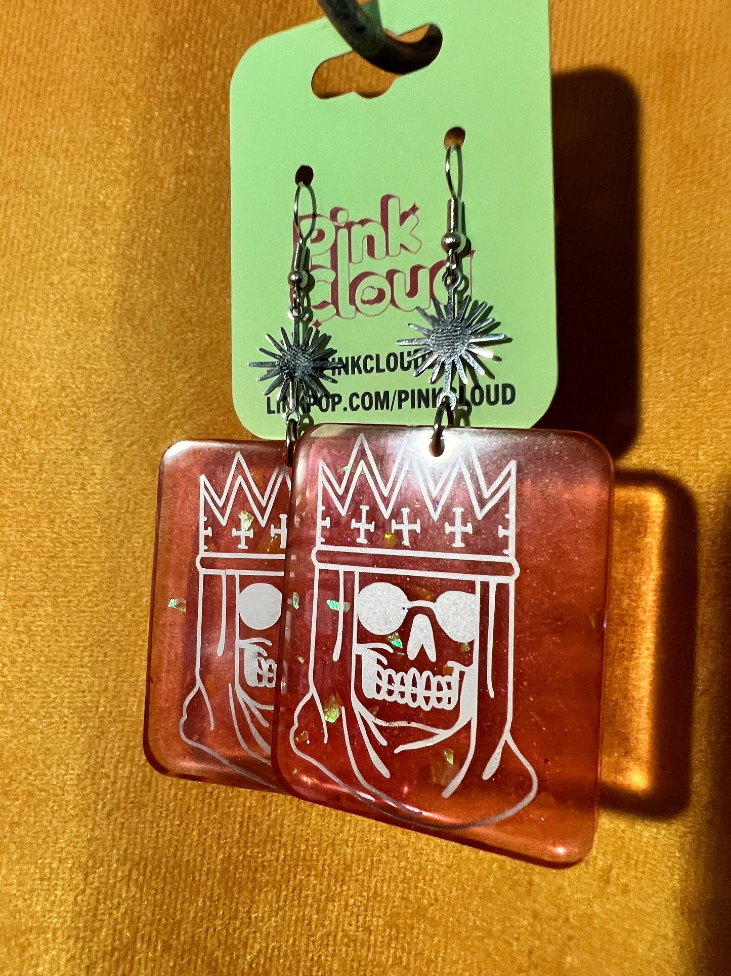Handmade Long Dangle Earrings red and orange glitter rectangle with silver royal skull decal