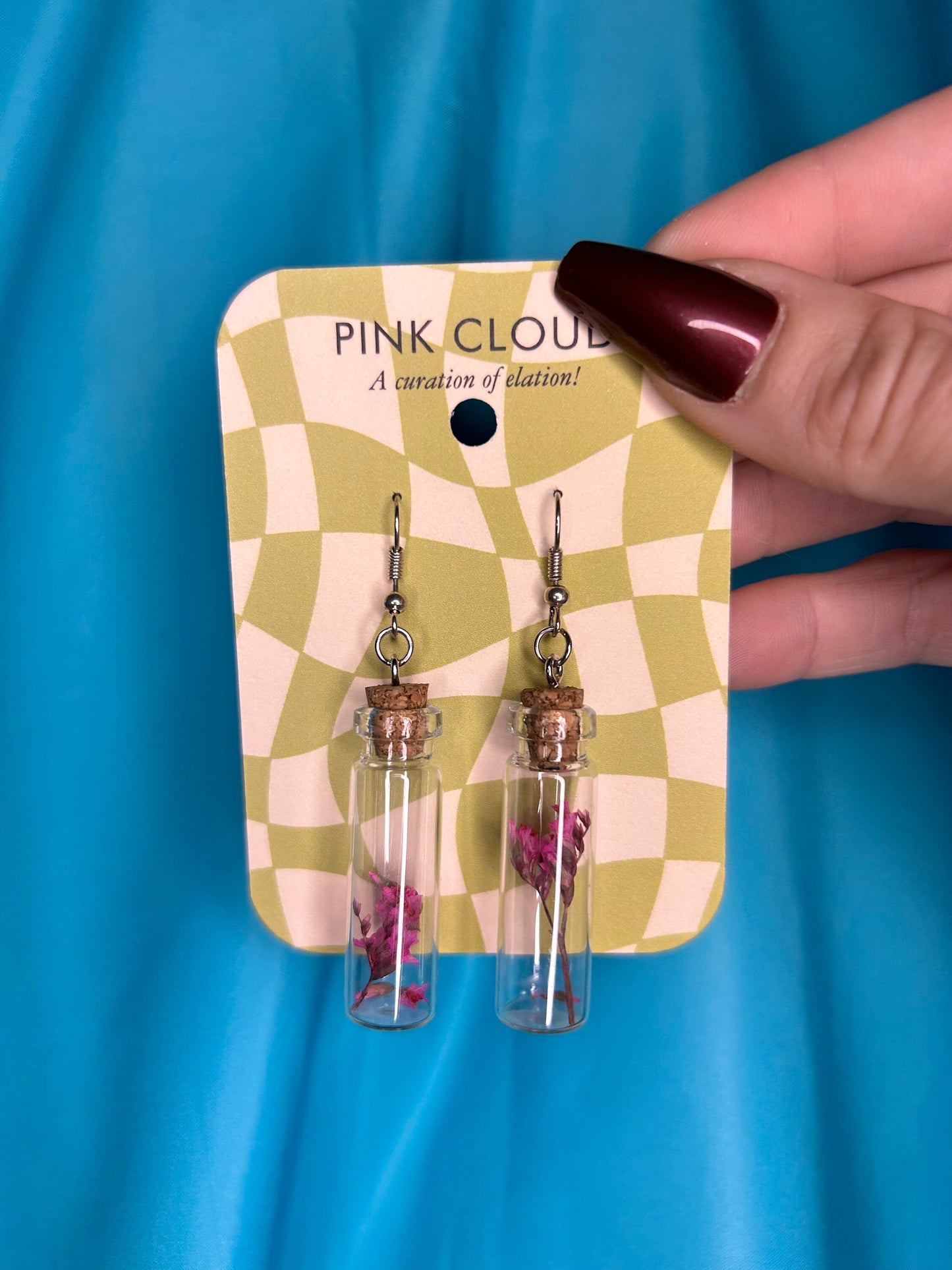 Handmade Long Dangle Potion Herb Bottle Earrings Silver fully changeable openings with dried flowers inside pink cork glass