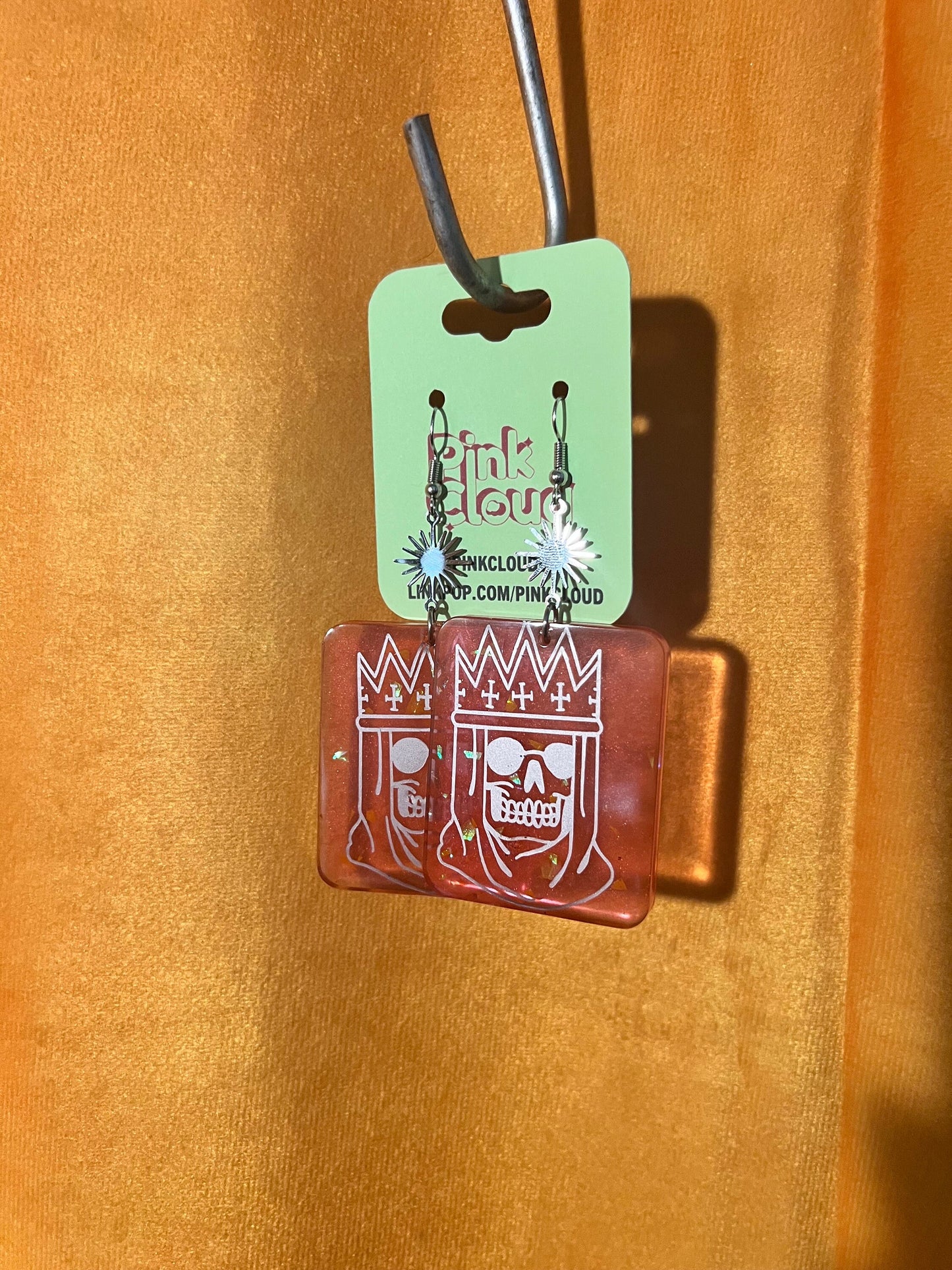 Handmade Long Dangle Earrings red and orange glitter rectangle with silver royal skull decal