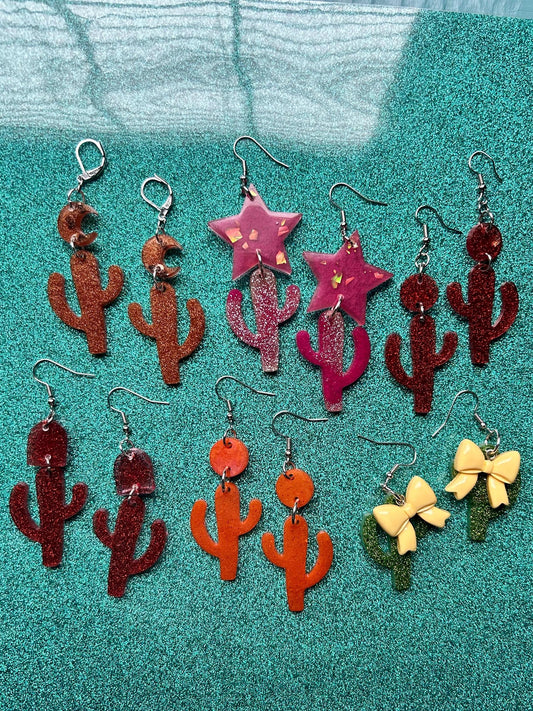 Little Saguaro Cactus Handmade Long Dangle Earrings