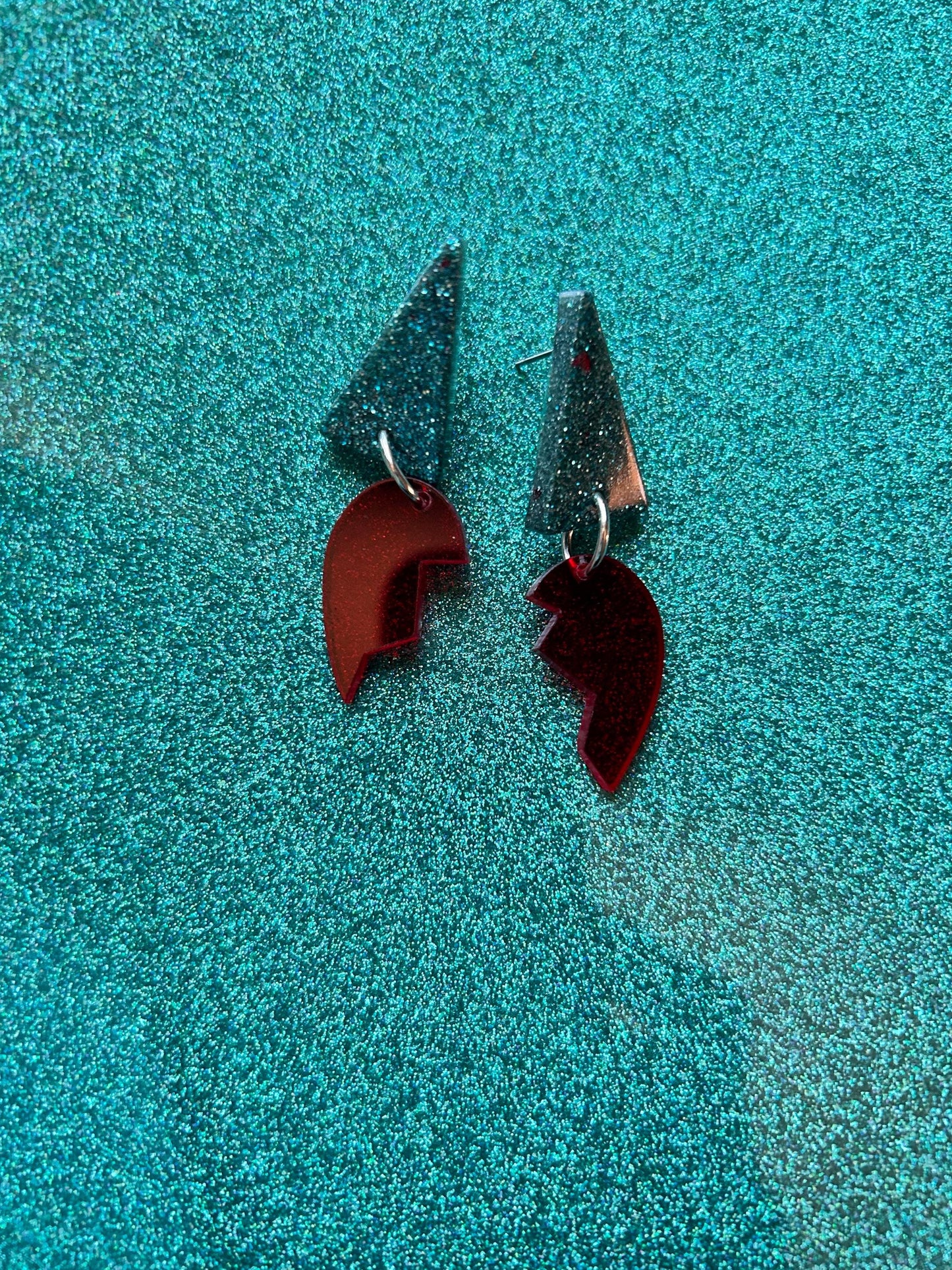 Broken Heart Earrings Below sparkle glitter turquoise colored Handmade Dangle Earrings with silver push or lever backs