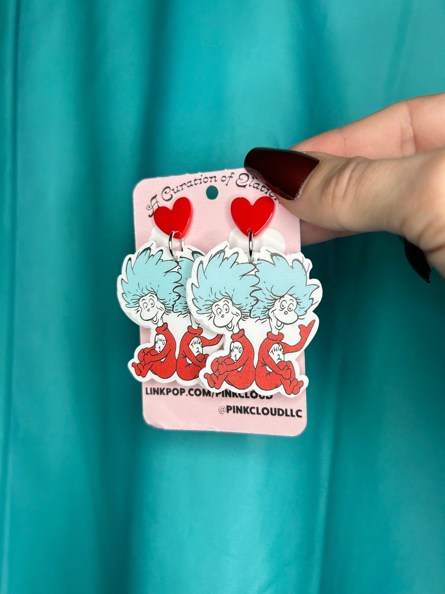 Thing 1 and 2 Dr Seuss acrylic statement Handmade Long Dangle Earrings red white and blue with red heart silver push back earrings