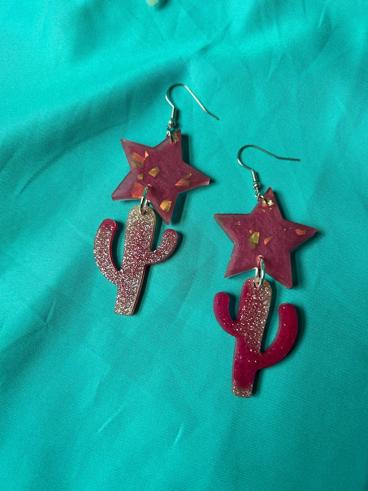 Little Saguaro Cactus Handmade Long Dangle Earrings