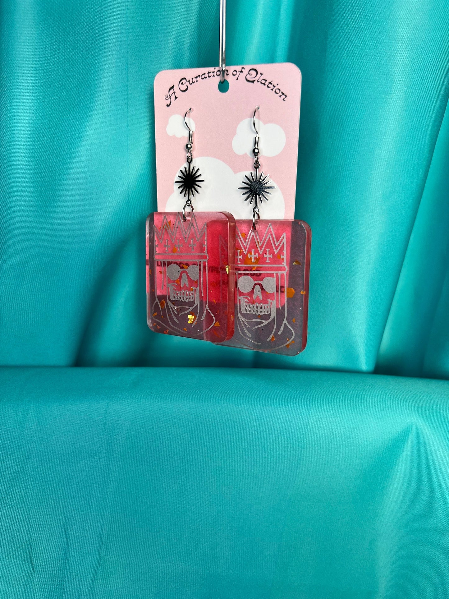 Handmade Long Dangle Earrings red and orange glitter rectangle with silver royal skull decal