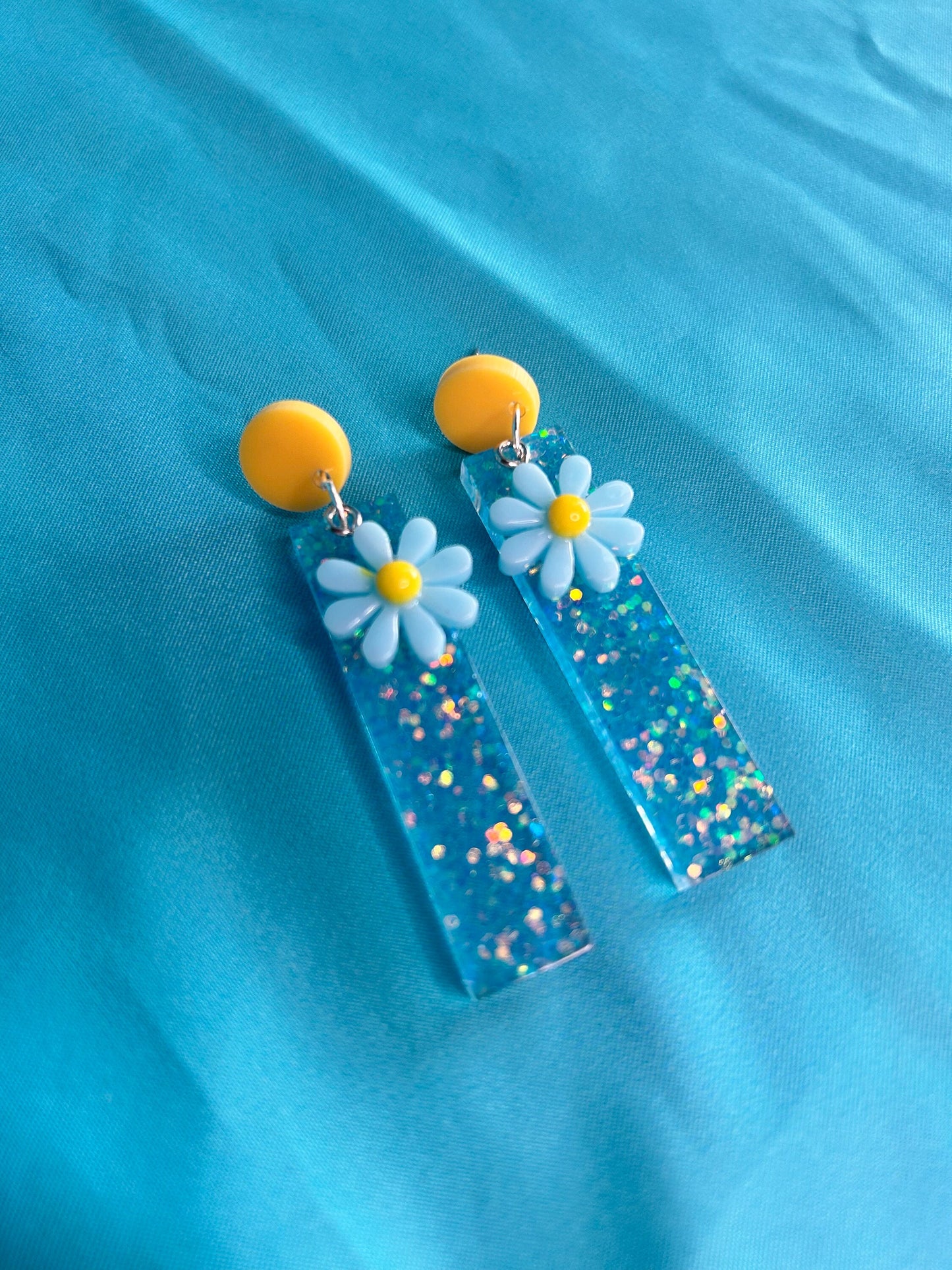 Rectangle Flower Statement Earrings | Blue Glitter and Yellow, Purple, Red