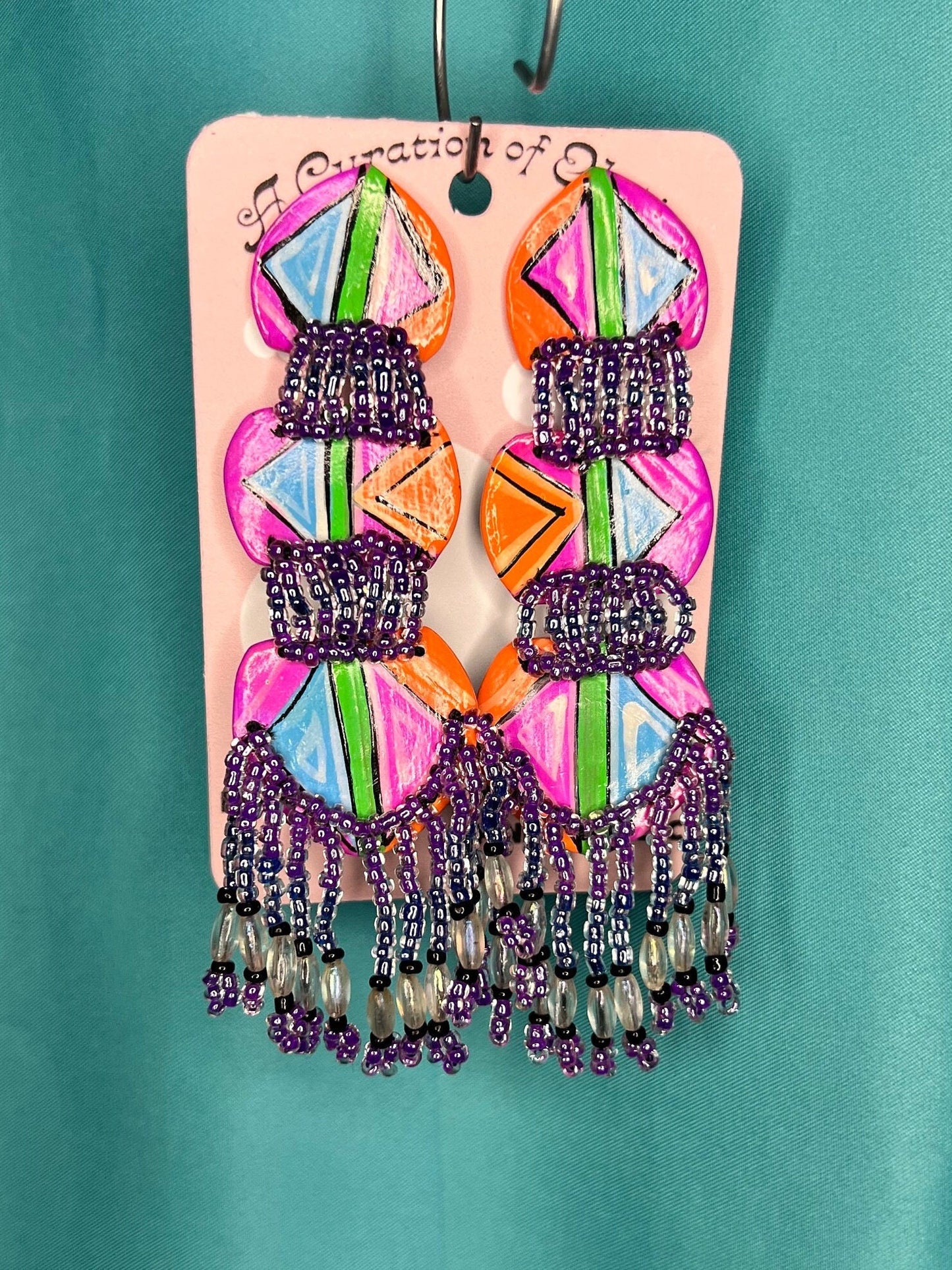 Paper and beaded purple pink orange Drop earrings silver ear push backs post handmade