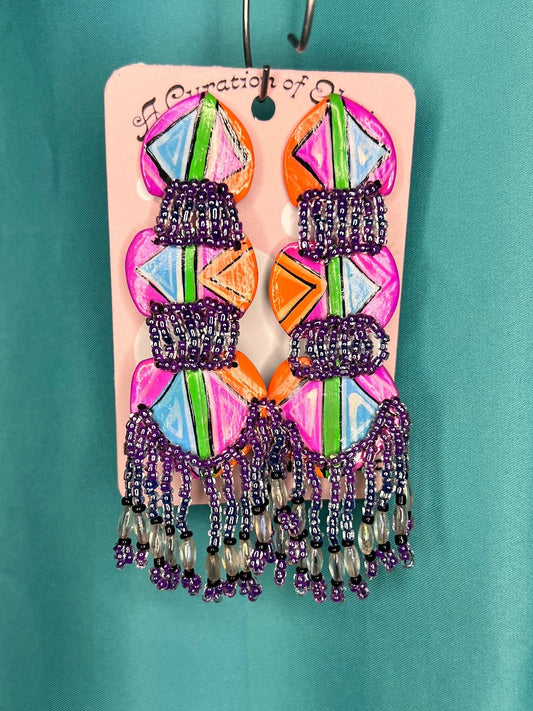 Paper and beaded purple pink orange Drop earrings silver ear push backs post handmade