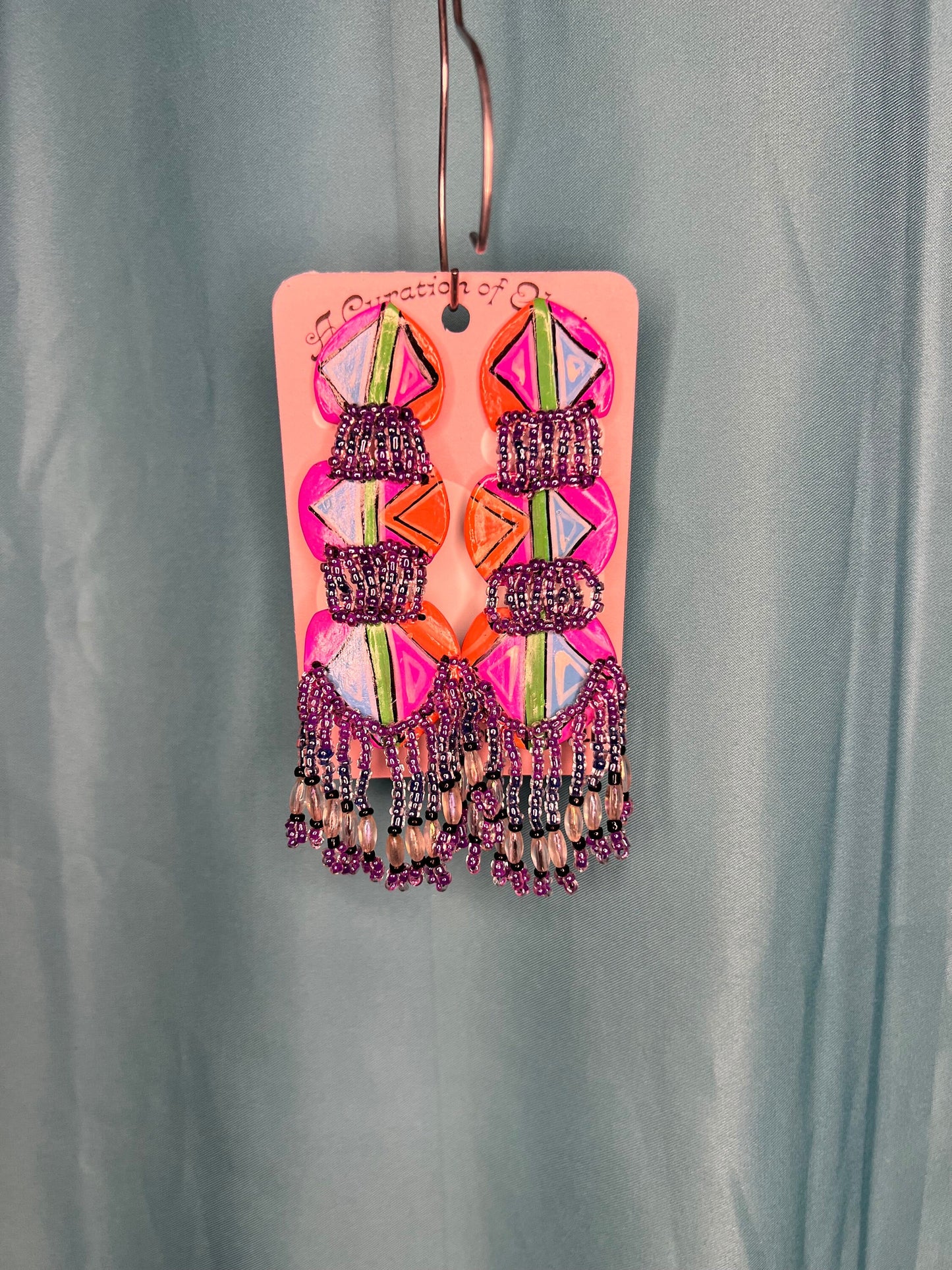 Paper and beaded purple pink orange Drop earrings silver ear push backs post handmade