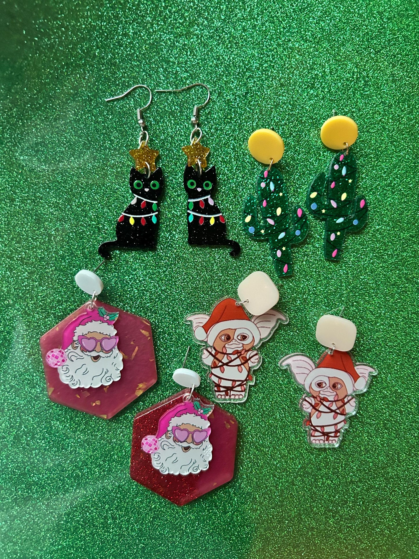 Weird Christmas Earrings | Gremlin | Disco Santa | Black Cat | Saguaros