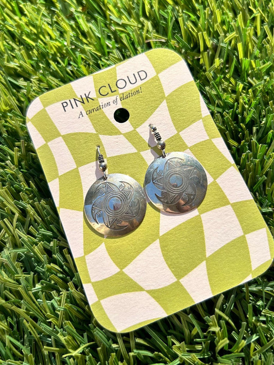 Sterling Silver Vintage Circle Hook earrings with Star pattern etched