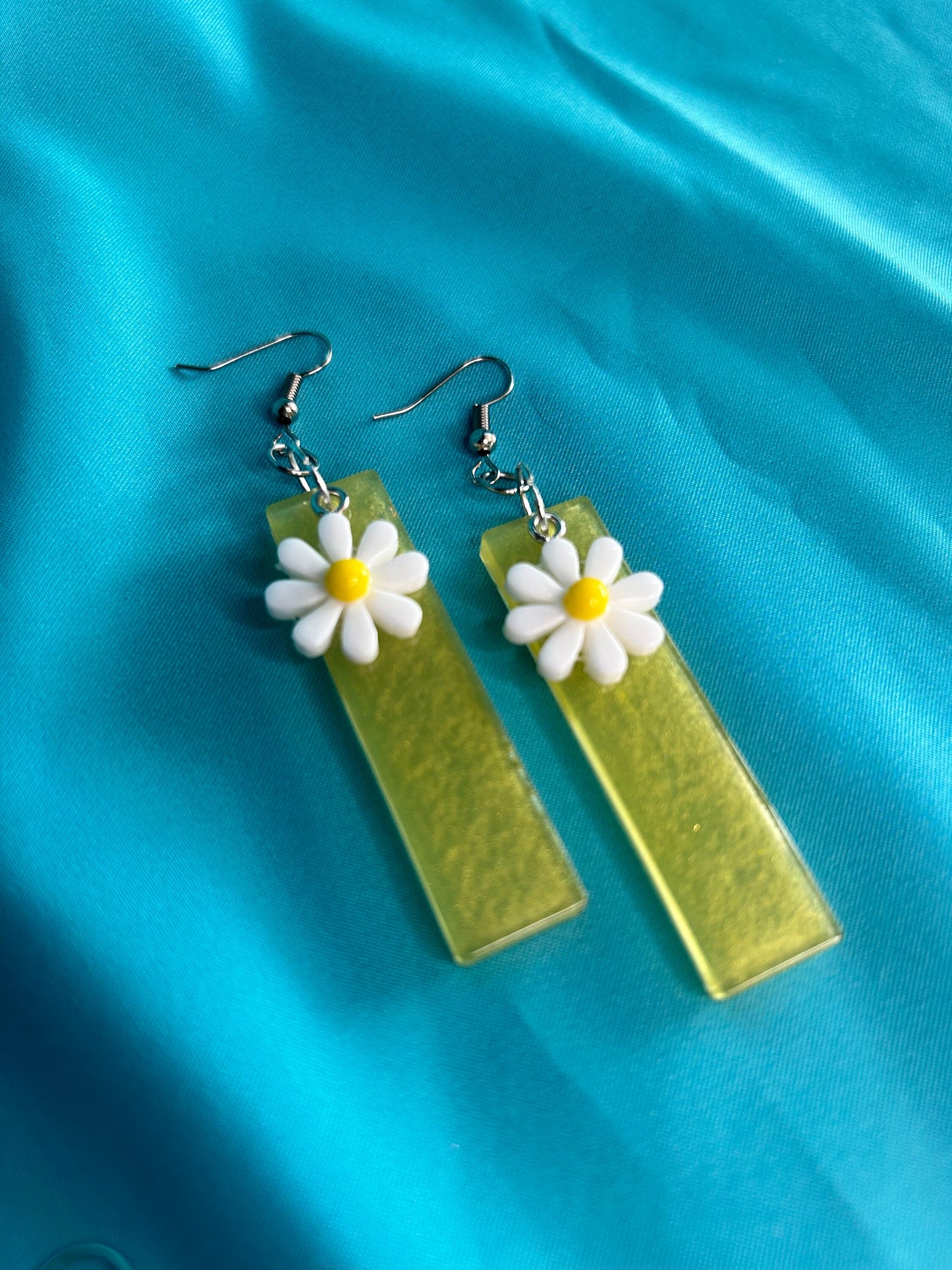 Rectangle Flower Statement Earrings | Blue Glitter and Yellow, Purple, Red