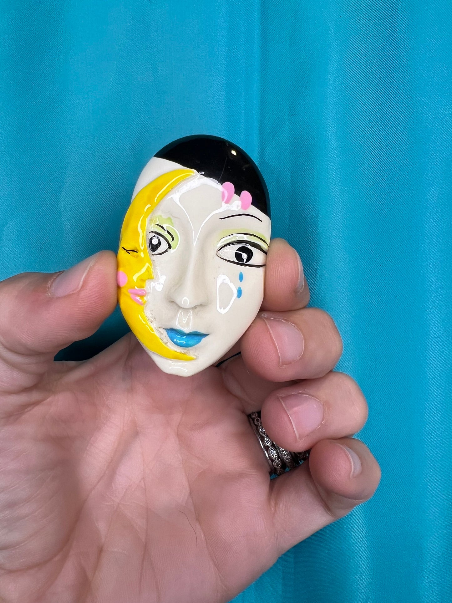 Moon Face Ceramic Pin | Vintage Art