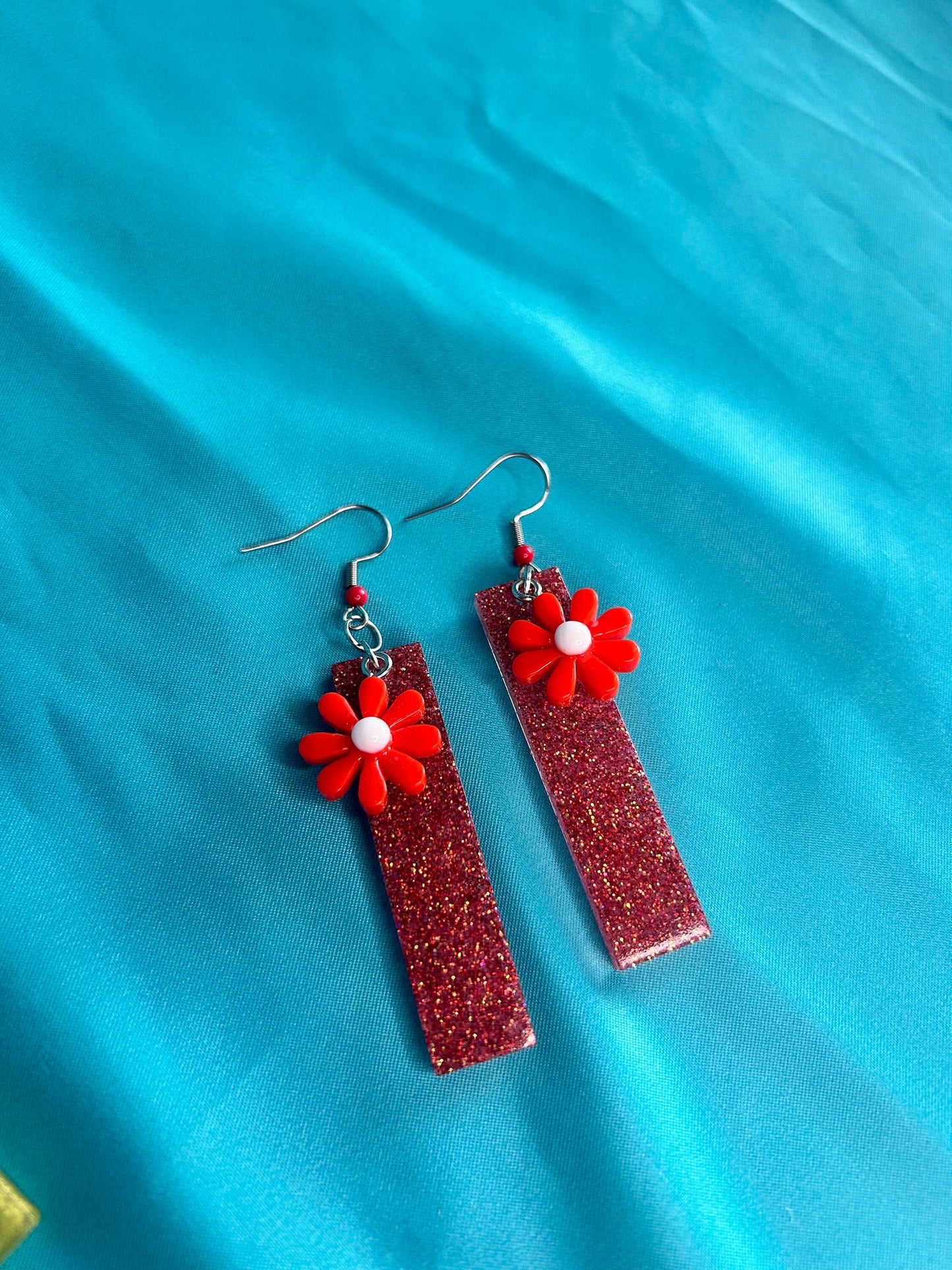 Rectangle Flower Statement Earrings | Blue Glitter and Yellow, Purple, Red