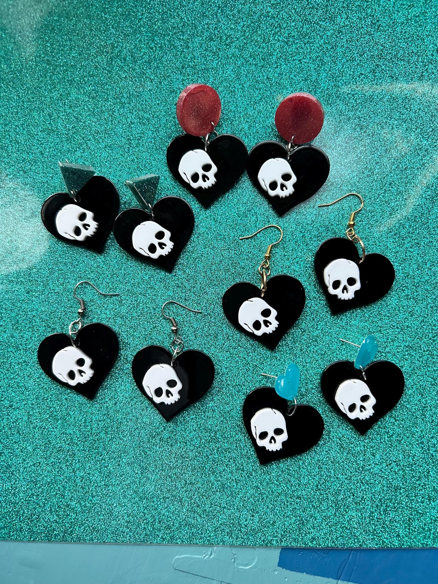 Skull on Heart Earrings | Choose Your Style | Blue Hearts, Pink Circles, Blue Triangles, Silver or Gold Hooks