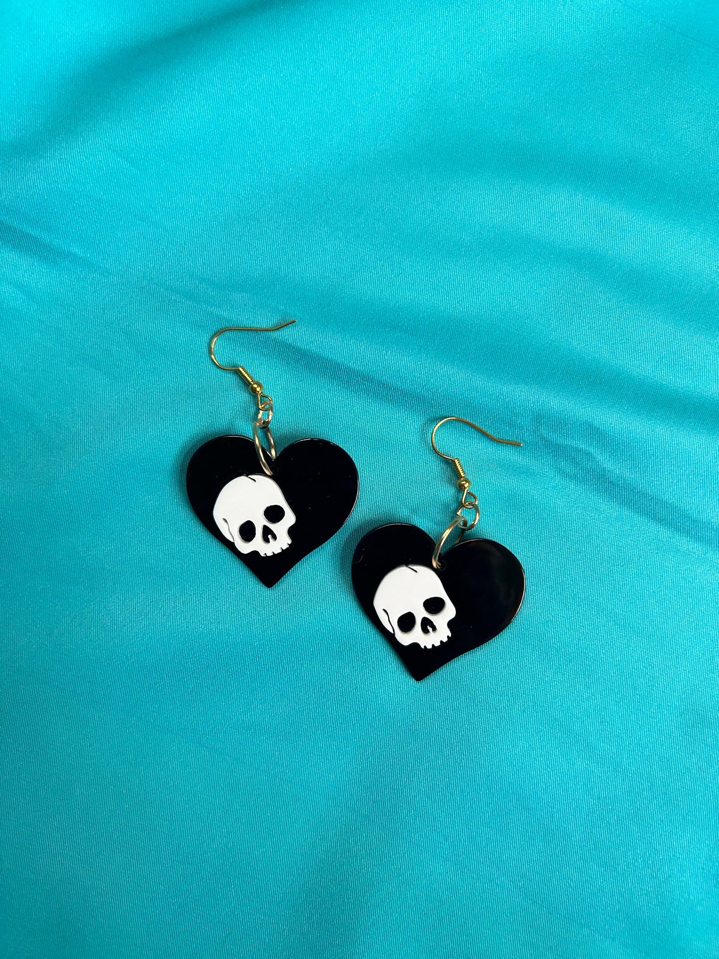 Skull on Heart Earrings | Choose Your Style | Blue Hearts, Pink Circles, Blue Triangles, Silver or Gold Hooks