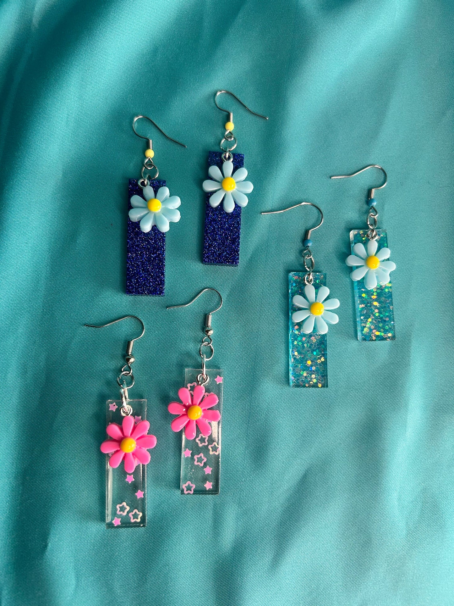 Medium Sized Rectangle Earrings | Flower Charms in Different Colors