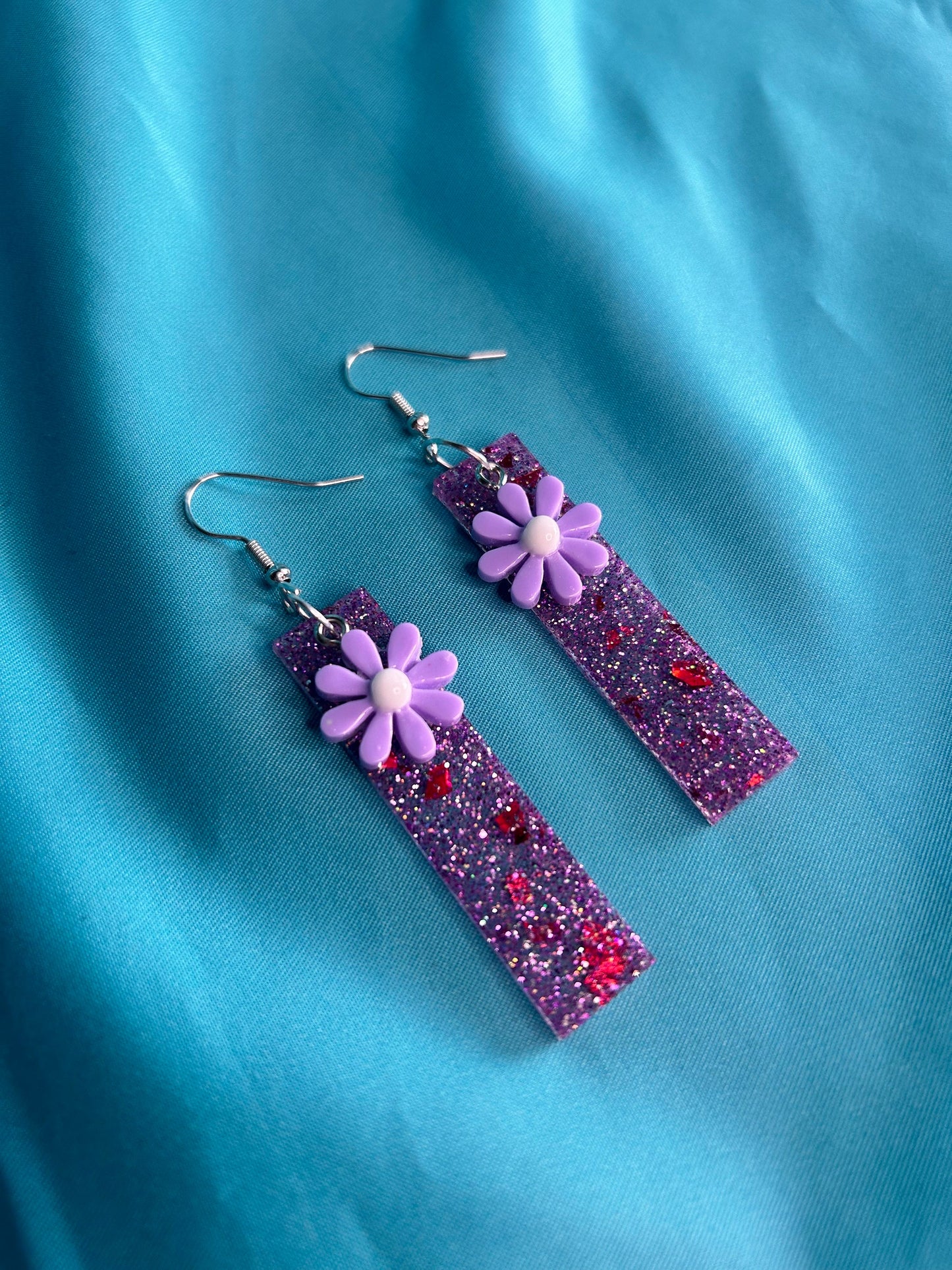 Rectangle Flower Statement Earrings | Blue Glitter and Yellow, Purple, Red